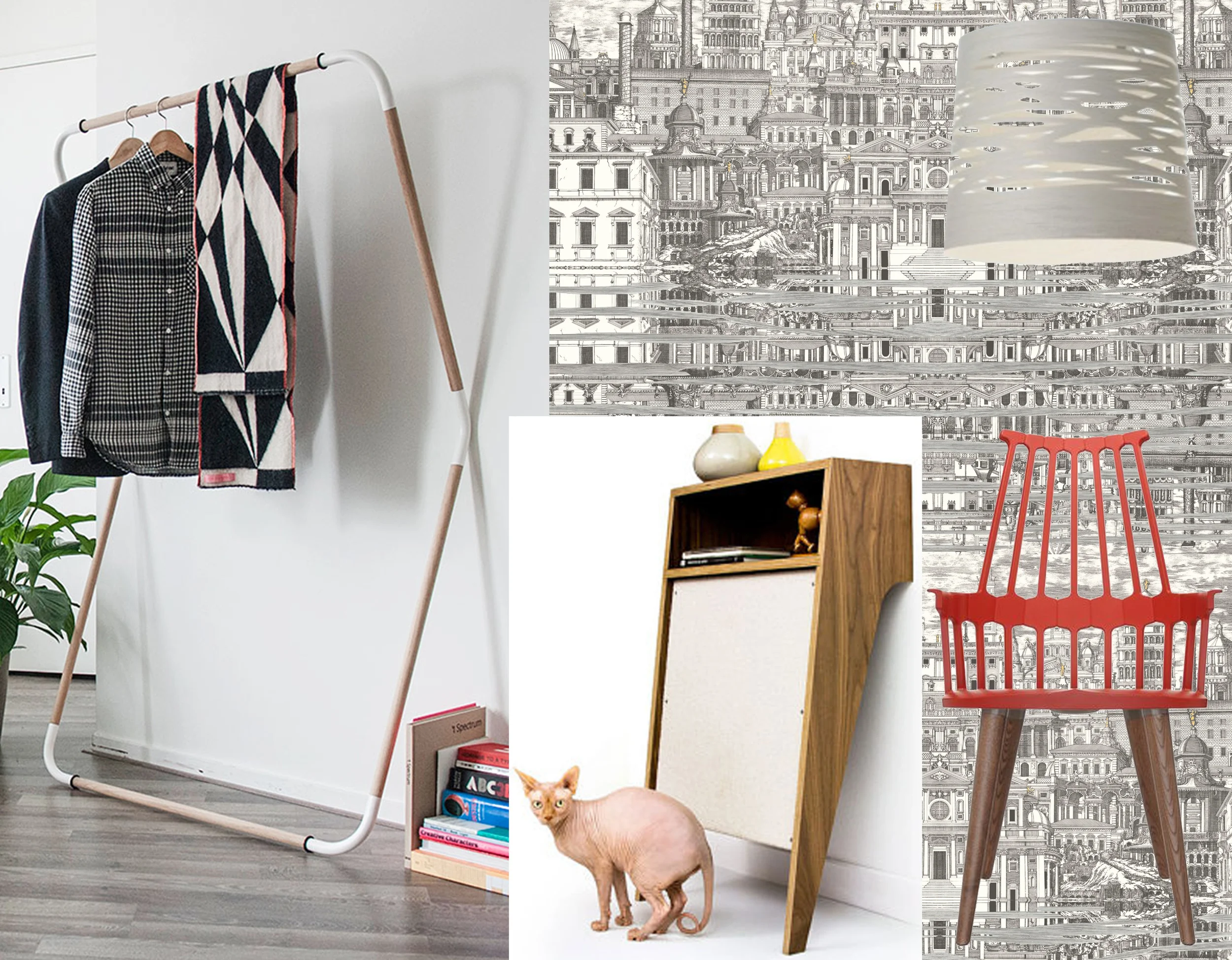 wallpaper Riflesso Cole & Son - chair Comback Kartell - hanging lamp Tress Foscarini - coatrack Jeroen Van Leur Restored - cat console Modernist Cat 