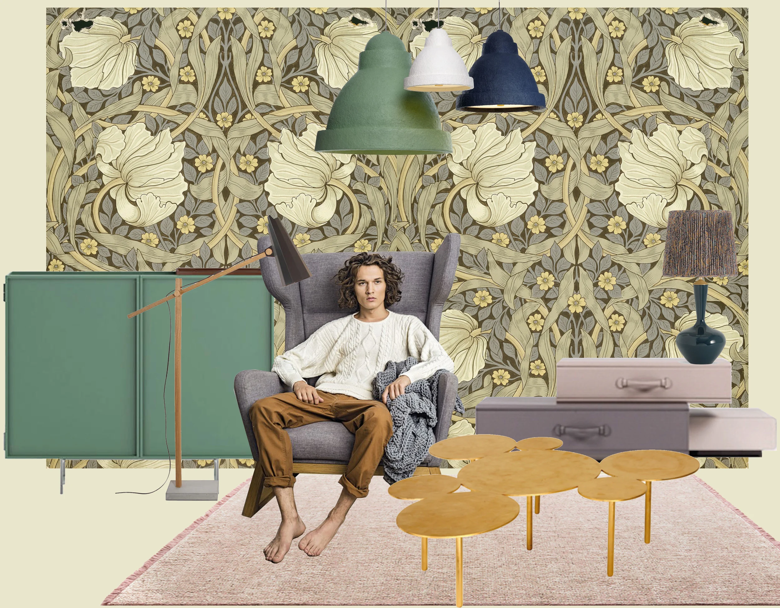 William Morris design as a photo wall print - Lochness Cabinet Cappellini - Filly lamp Himmee - armchair Lord Melyo - coffeetable To Turn you On with gold leave finish Pouenat - Pile of Suitcases by Maarten Ceulaer Nilufar - hanging lamp Salago Moooi - table lamp Shisha Porta Romana - rug Tweed Casalis