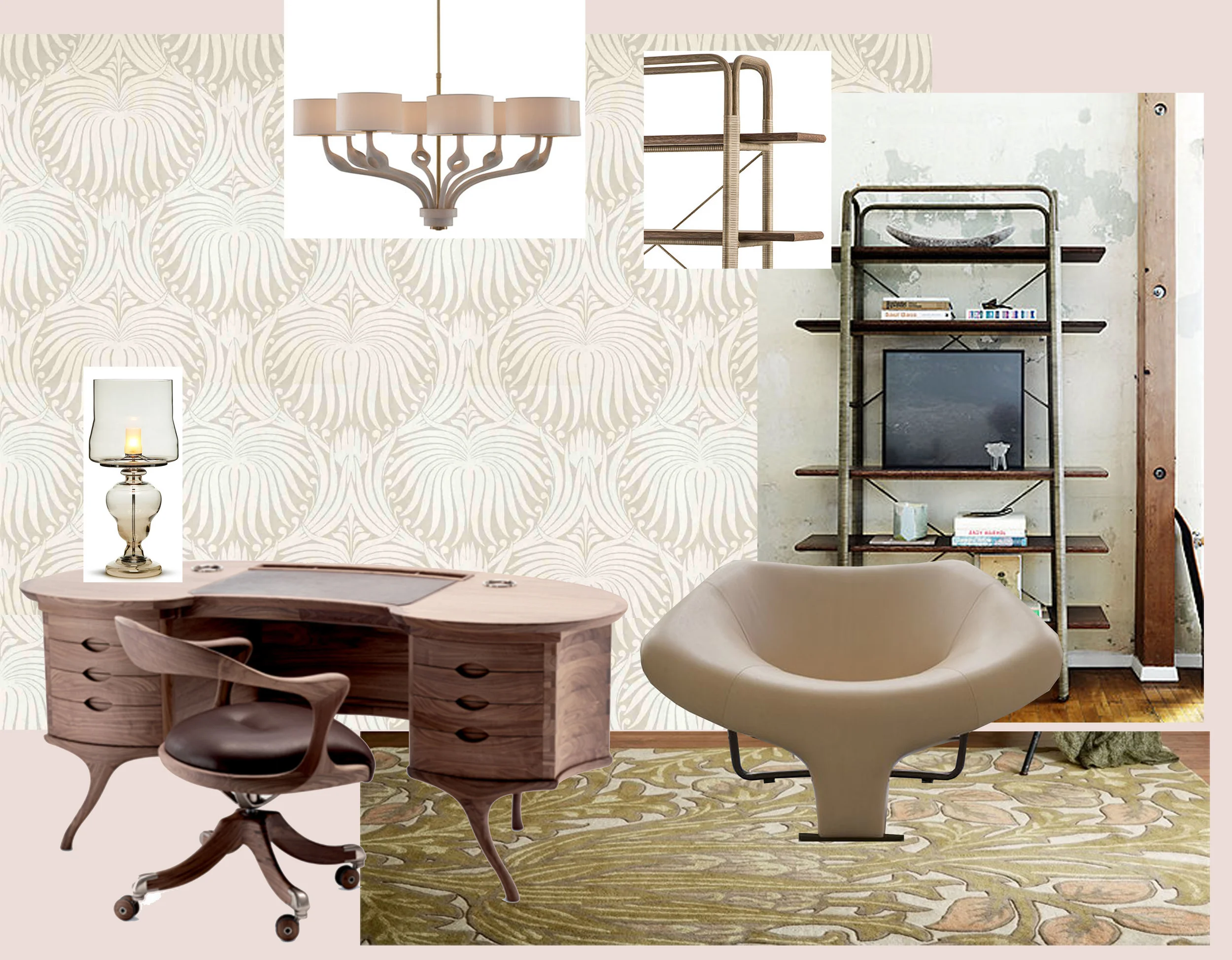 wallpaper Lotus Farrow & Ball - desk Bean and armchair Marlowe Ceccotti - lamp Kaipo TOO Moooi - Kincob Bookshelf McGuire - armchair DC102 Progetto Domestico - Anneau Chandelier Baker - rug Artichoke Morris & Co