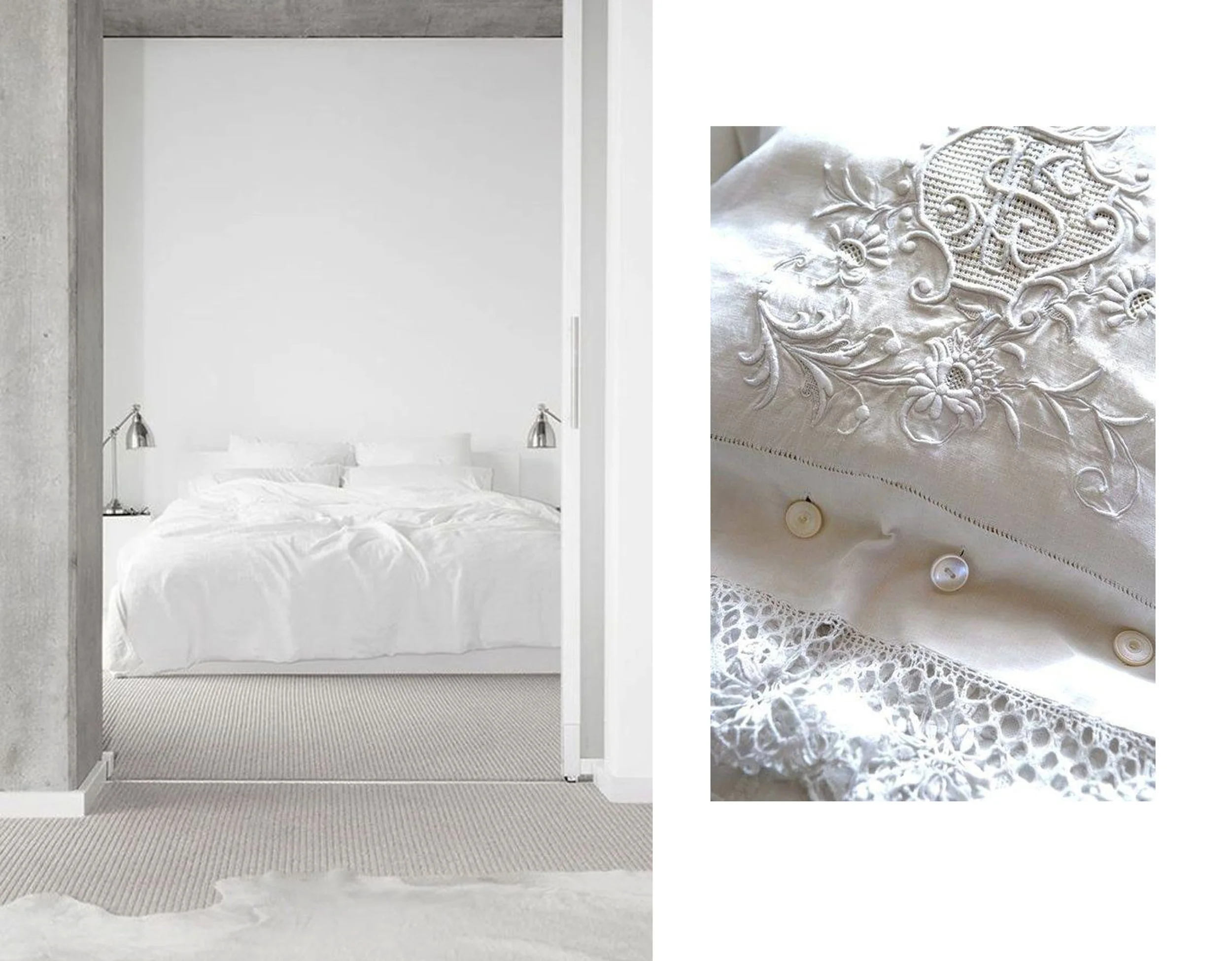 minimalist bedroom found on Apartment Therapy - embroidered pillow cover on Tumblr