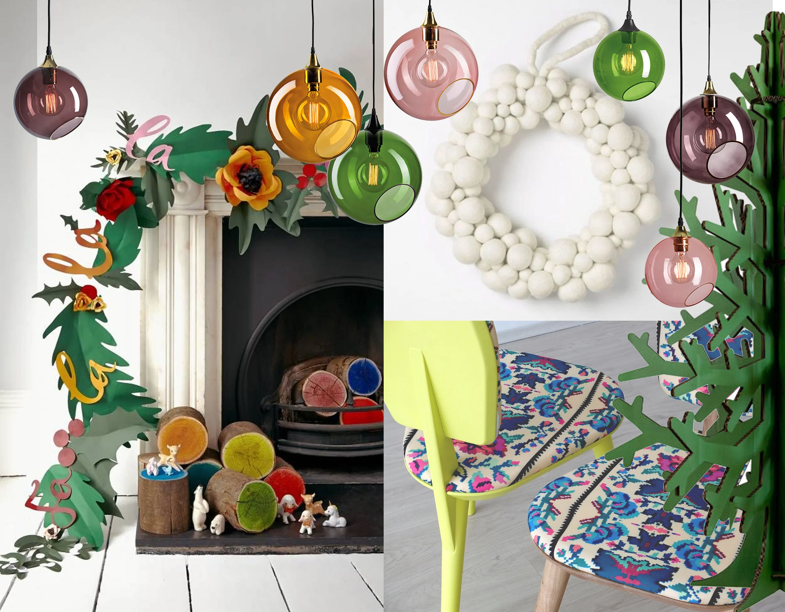 Ballroom lamp Design by us - Christmas decoration Etsy - detail chair Lana for Photoliu - Recycled cardboard Christmas tree Cardboard Christmas - white felt ball wreath West Elm