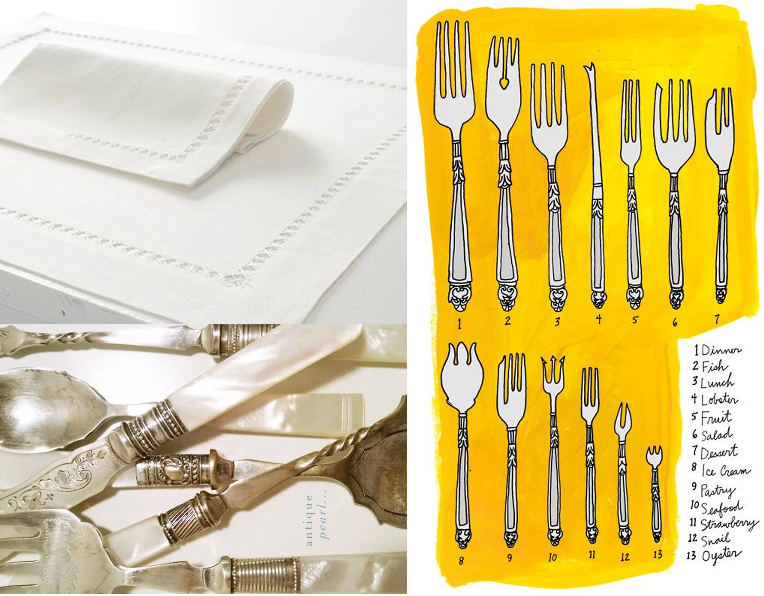 placemat and napkin Decopur - mother-of-pearl cutlery via Pinterest - drawing Julia Rothman