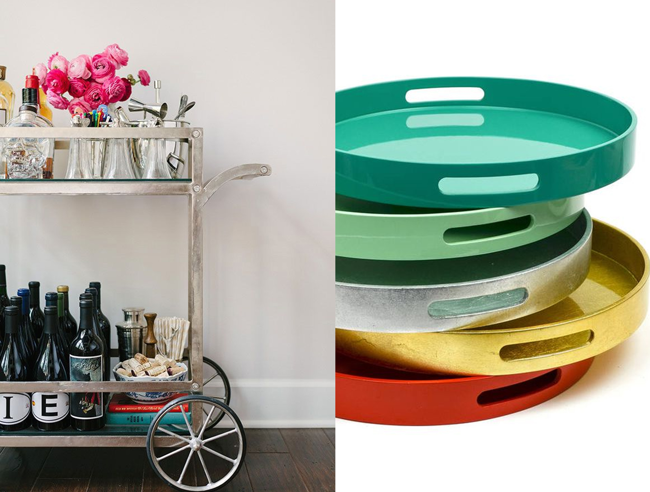 bar cart via Waiting on Martha - lacquer-cocktail-trays Not on High Street