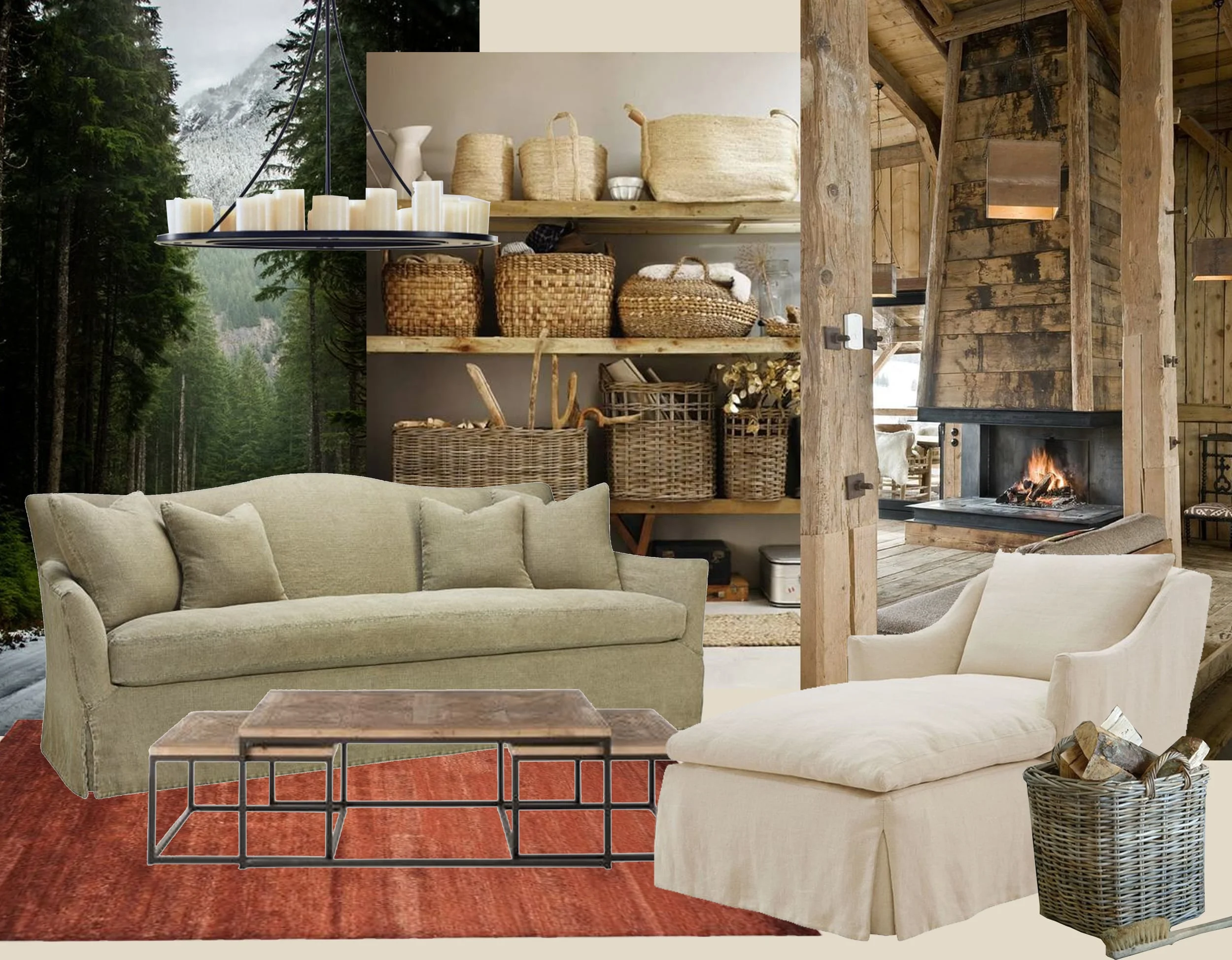 image woods via Poler - image wooden baskets Rough Luxe - open fireplace via Pinterest - sofa and armchair Marie's Corner - coffee table Blanc d'Ivoire - basket Garden Trading - hanging lamp Kevin Reilly