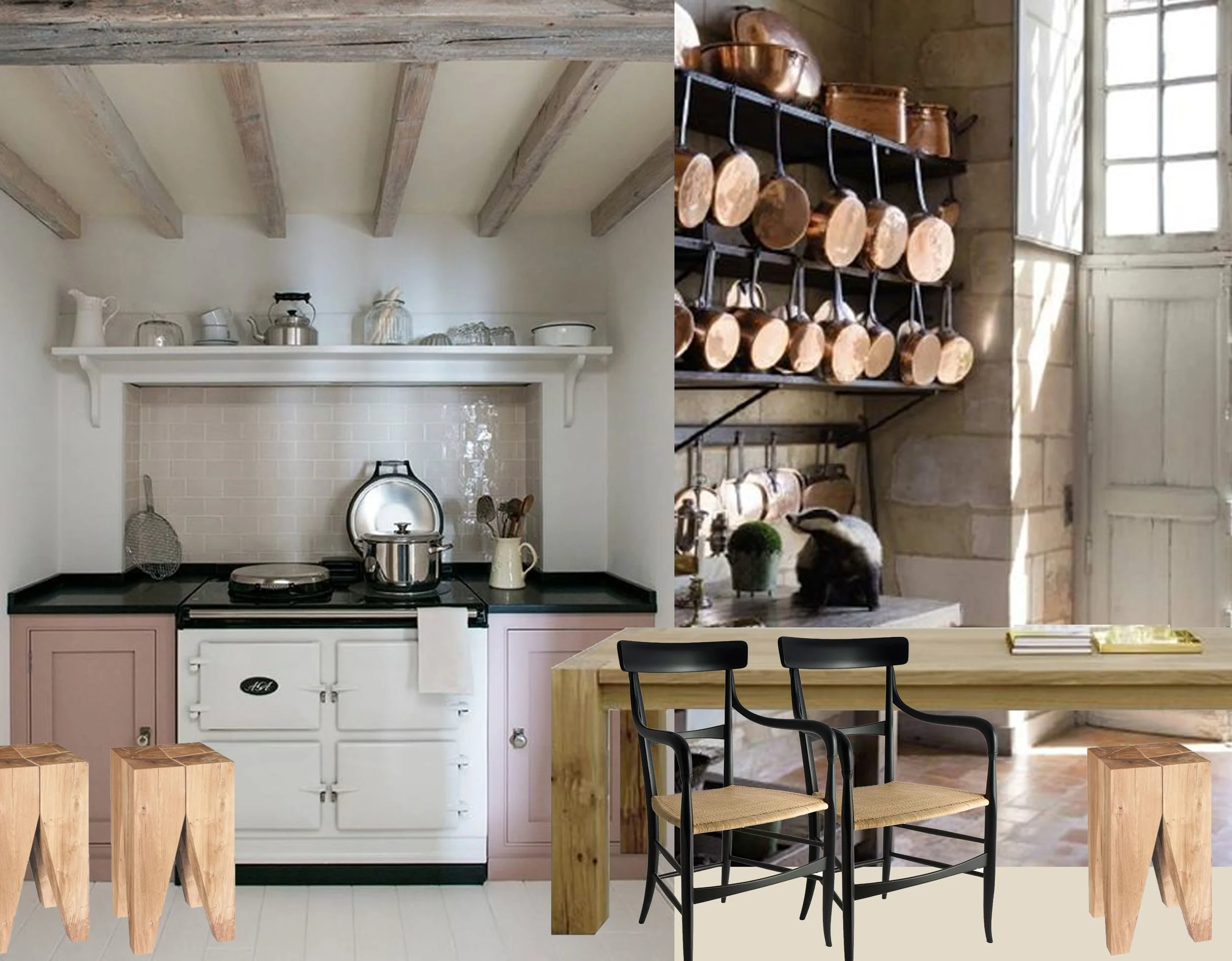 Aga stove image via Middleton - Backenzahn stool E15 - table Bigfoot E15 - Poltrona 900 Segno Italiano - image copper pots via Pinterest