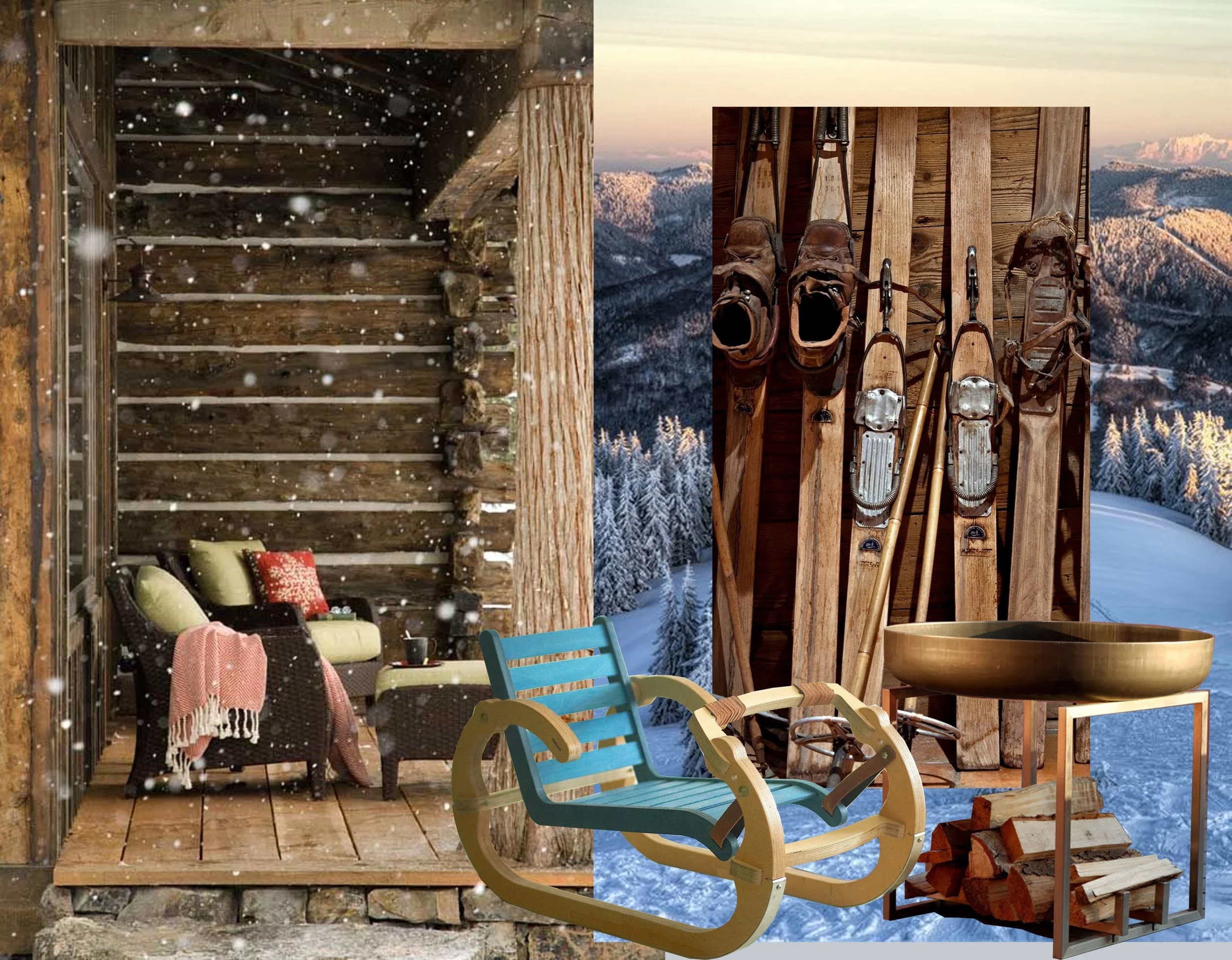 image cabine via Pinterest - image skies Jerome Mondiere - Playwood Sleigh Mihai Stamati - Steel Fire Pit Arpe Studio