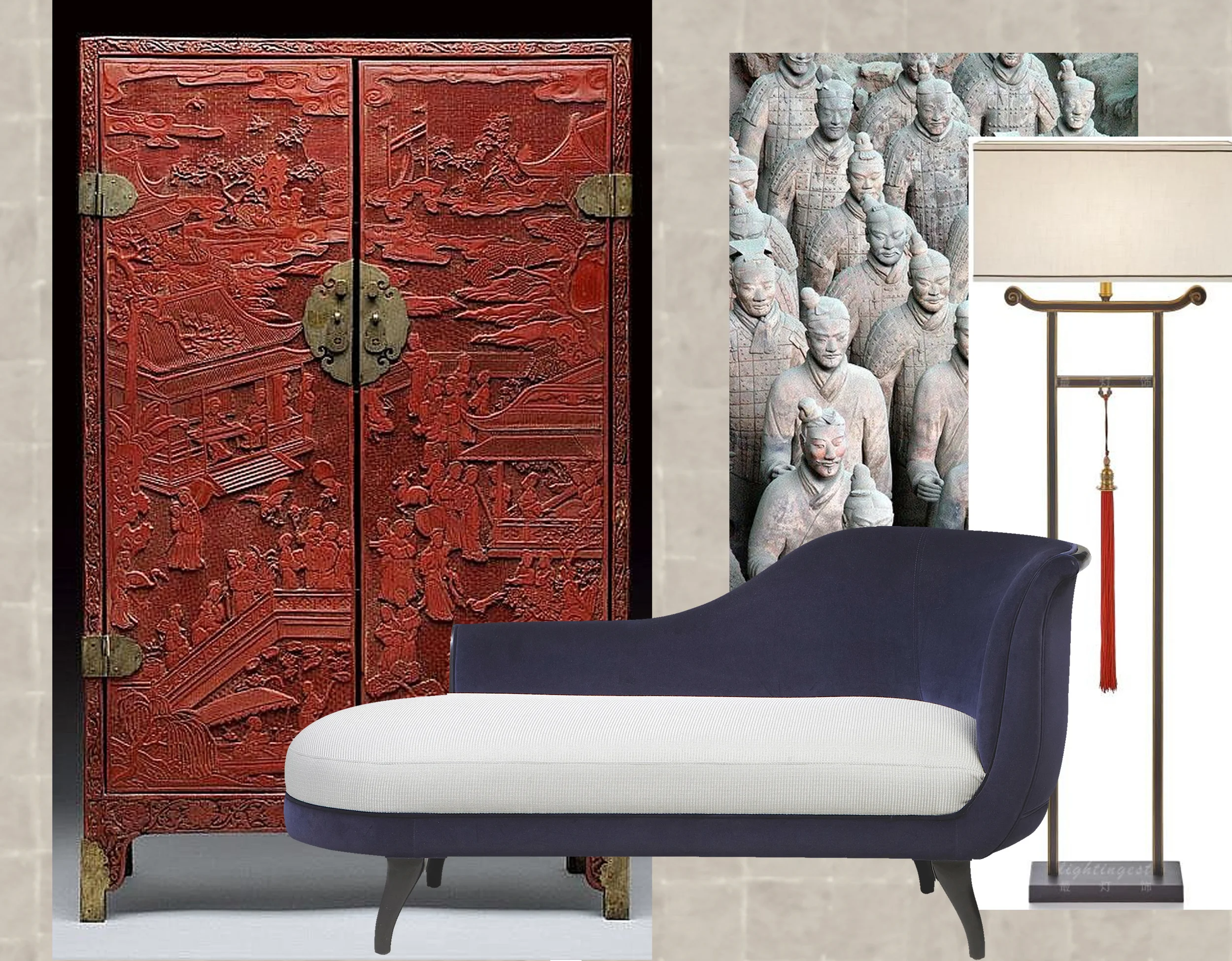 antique red lacquered cabinet 16th century Invaluable - daybed Mis en Demeure - image Terracotta Army on Flickr - standing lamp Lightingest
