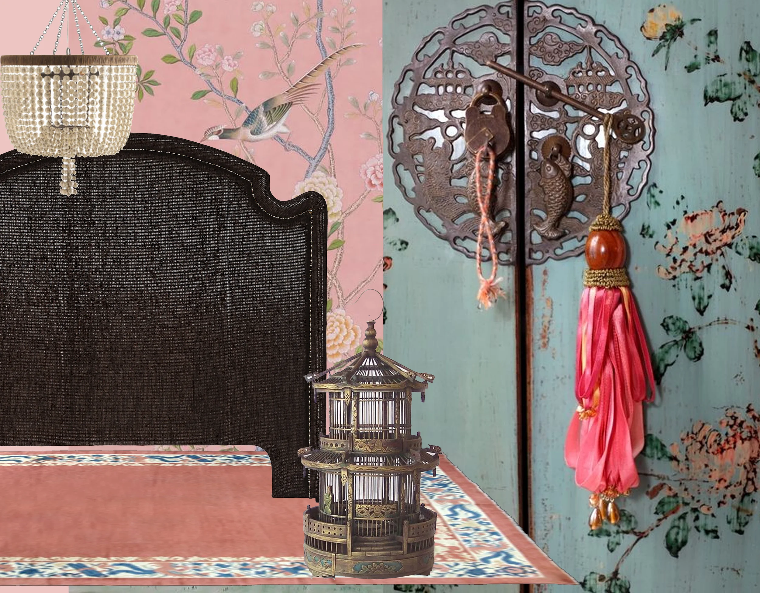 handpainted wallpaper Chinoiserie De Gournay - headboard Mis en Demeure - Viola chandelier Arteriors - rug Nilufar - bamboo bird cage on Pinterest - detail Chinese painted cabinet Lady-Gray-Dreams