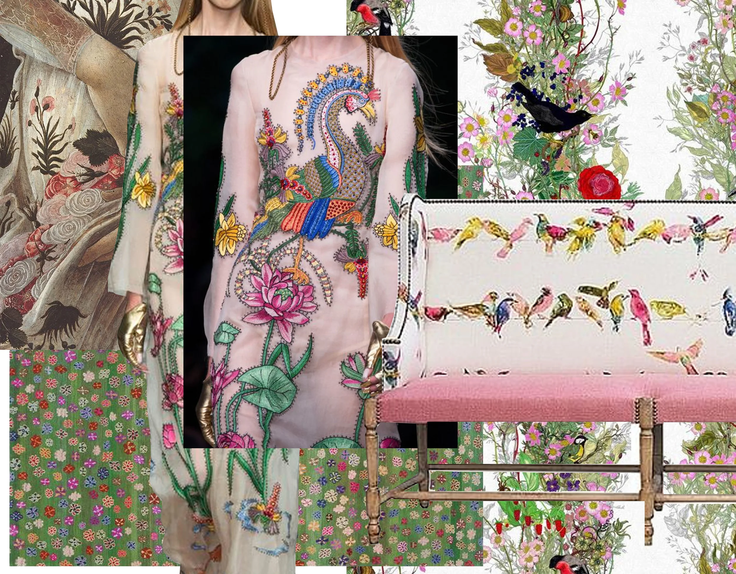 detail painting Primavera Botticelli - Gucci summer 2016 - rug Little Flowers Jan Kath - wallpaper Fruit Looters Timorous Beasties - banquette Moissonnier
