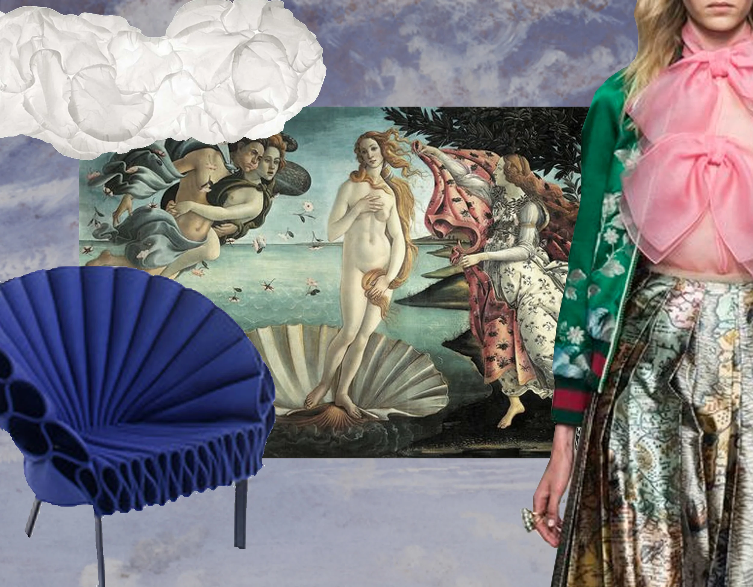Cloud mural - hanging lamp Mamacloud Belux - Birth of Venus Botticcelli - Gucci summer 2015 - Peacock chair Cappellini