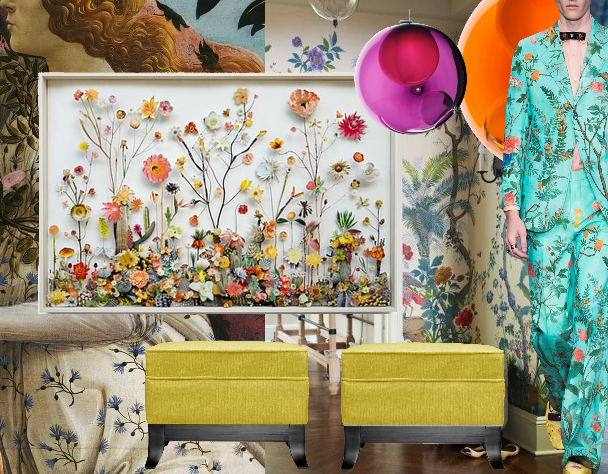 detail Primavera Botticelli - Flower Construction Ann Ten Donkelaar - wallpaper found on Daily Dream Decor - coloured lamps Bocci - Gucci summer 2016 - pouf Judd Marie's Corner