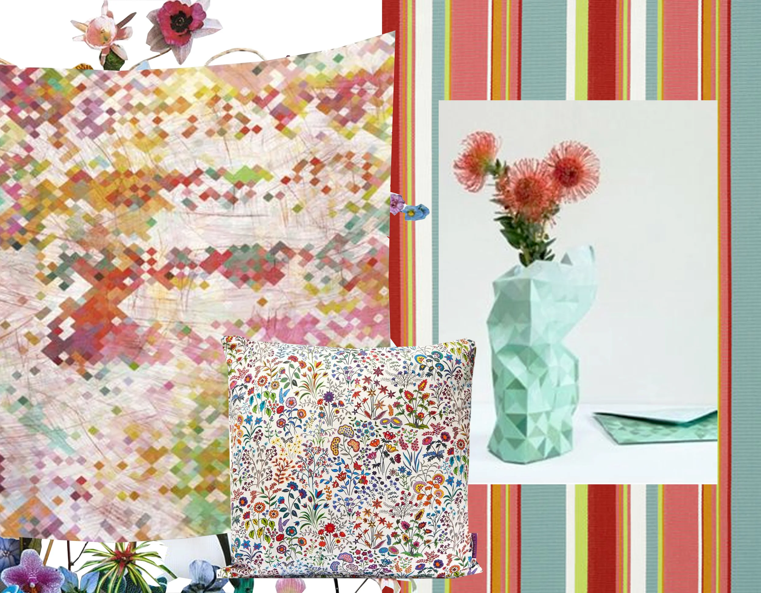 flower construction Ann Ten Donkelaar - wall tapestry by Aloke Design on Society6 - striped fabric Thibaut - paper vase made by the Pardeshi community Edwin Pelser - flower cushion Liberty