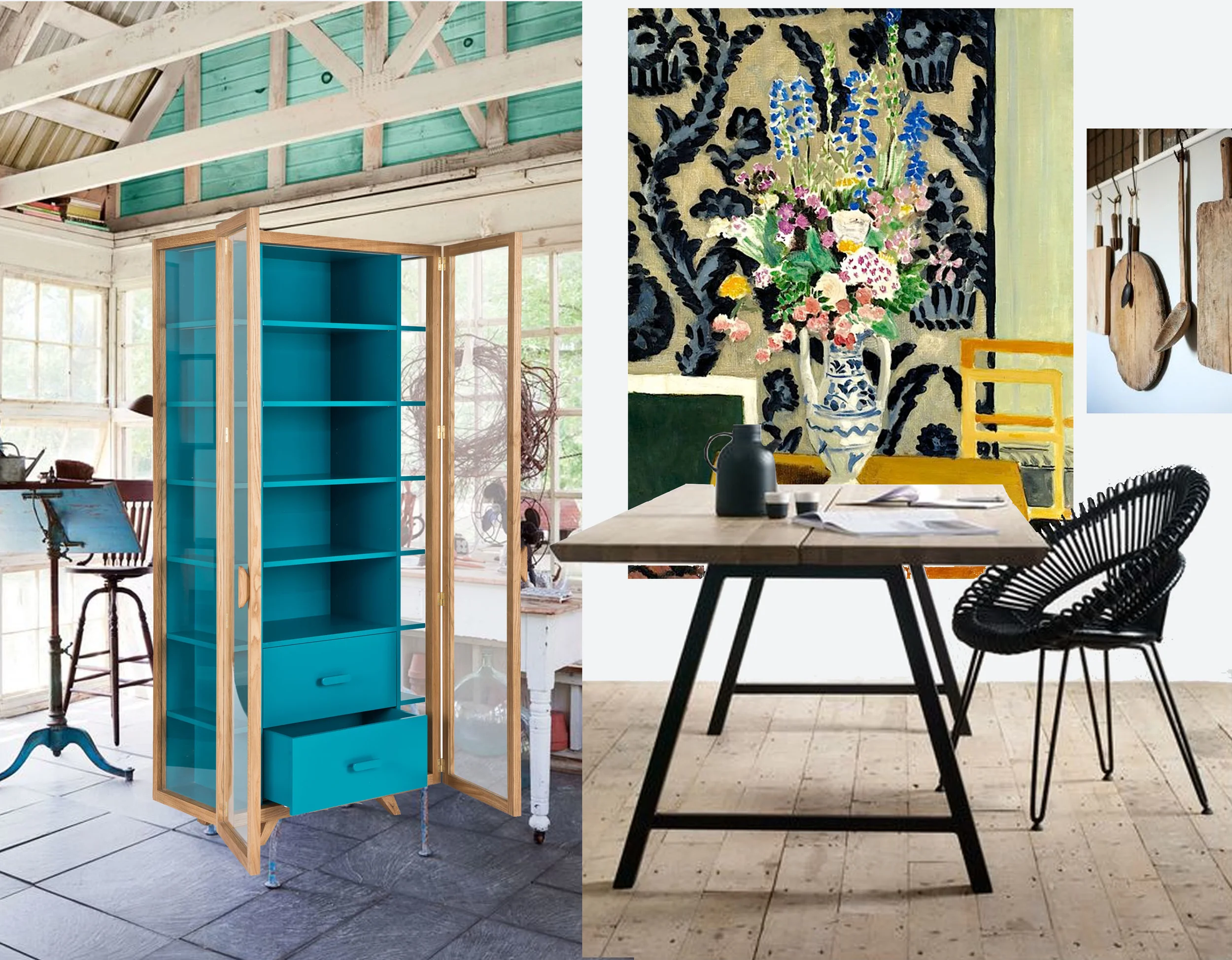 interior found on Country living - Vitrina tall cabinet by Hierve - painting with flowers Matisse - table and chair Vincent Sheppard