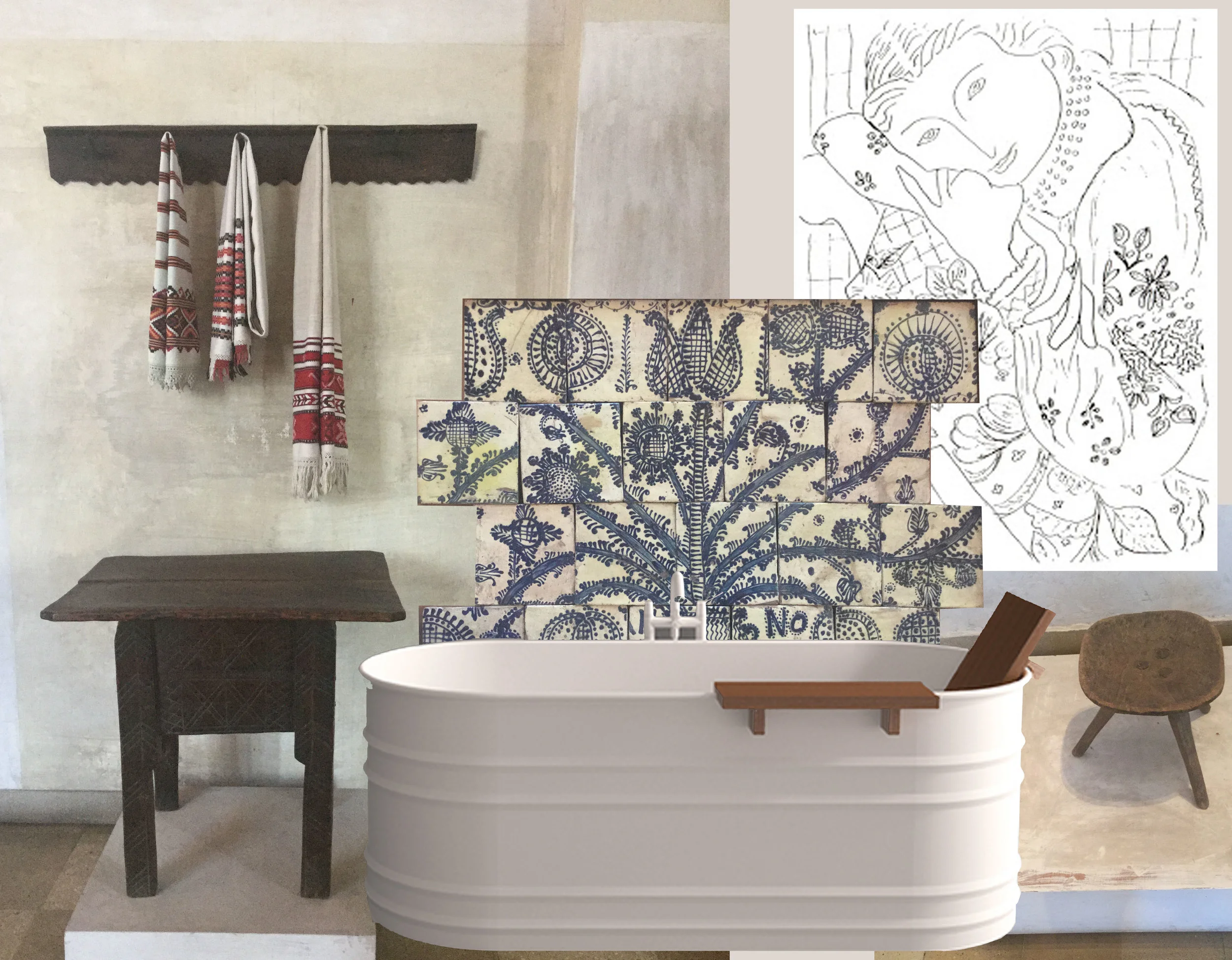 image towel rack - tiles Peasant Museum Bucharest - drawing Matisse - bathtub Vieques Agape