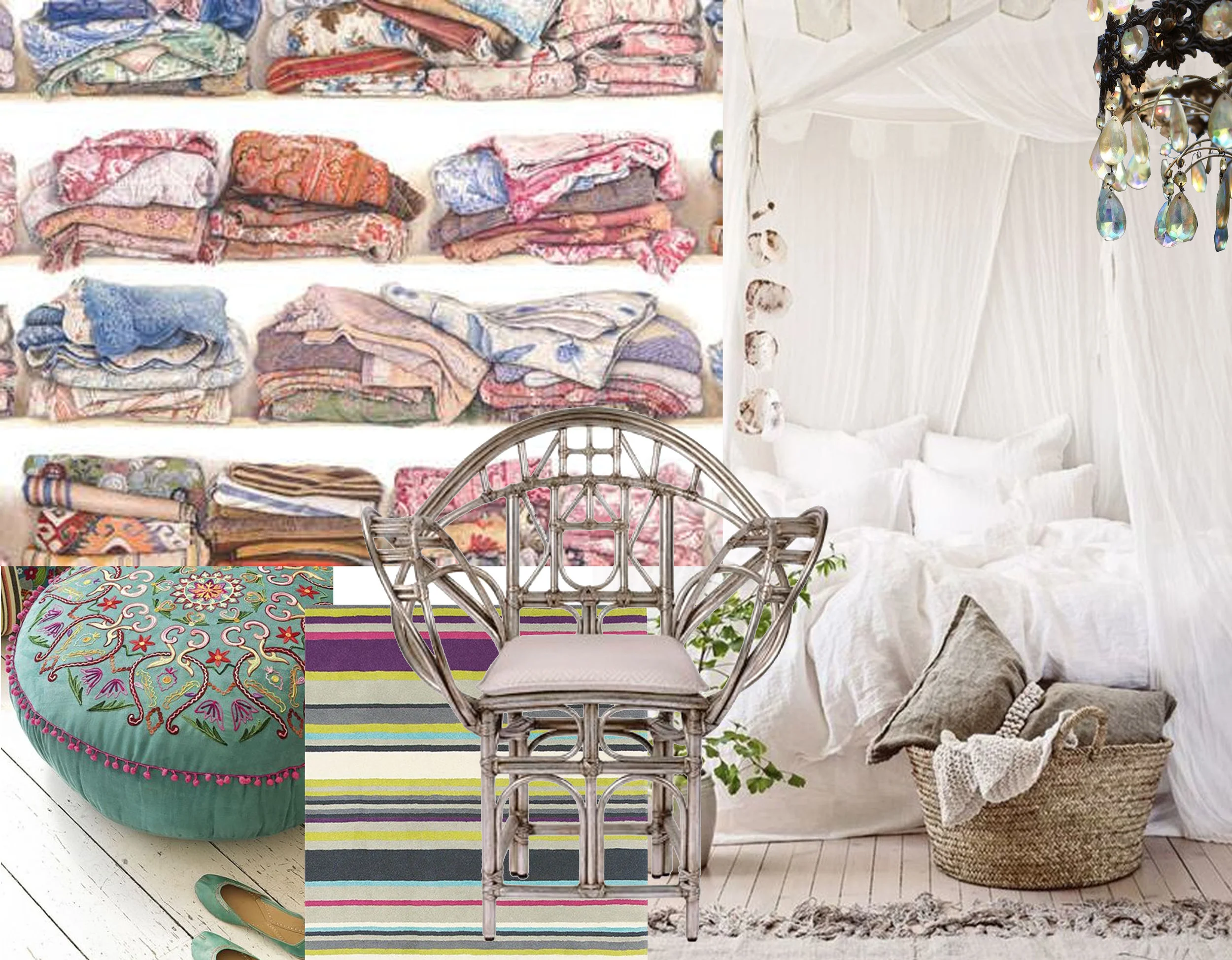 wallpaper L'armoire de Marguerite Pierre Frey - Butterfly Chair McGuire - Barcode rug Harlequin - bedroom image via Feed Puzzle - 