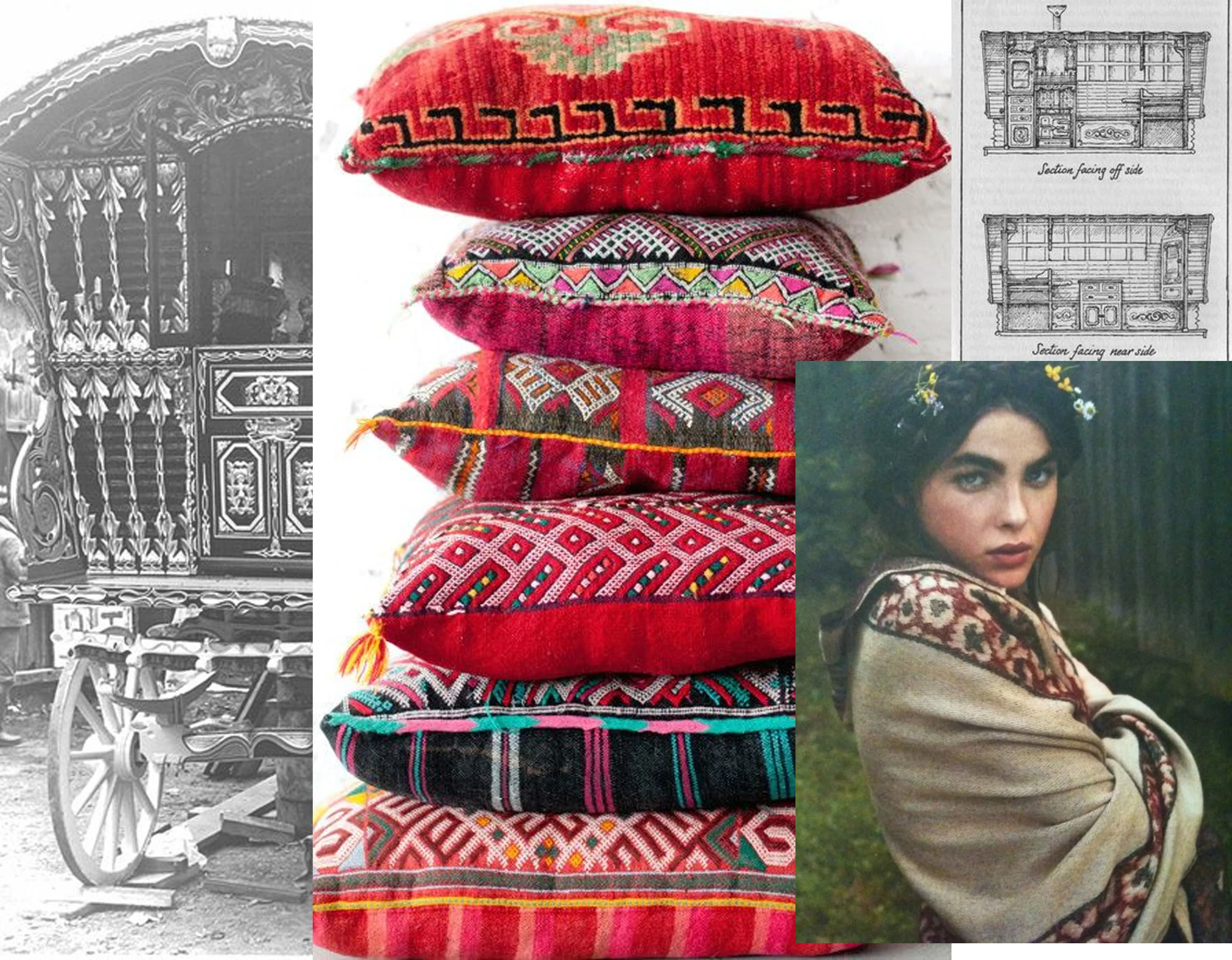 Vardo wagon via Flickr - Moroccon pillows Patina Rentals - Gypsy girl via Moon 2 Moon