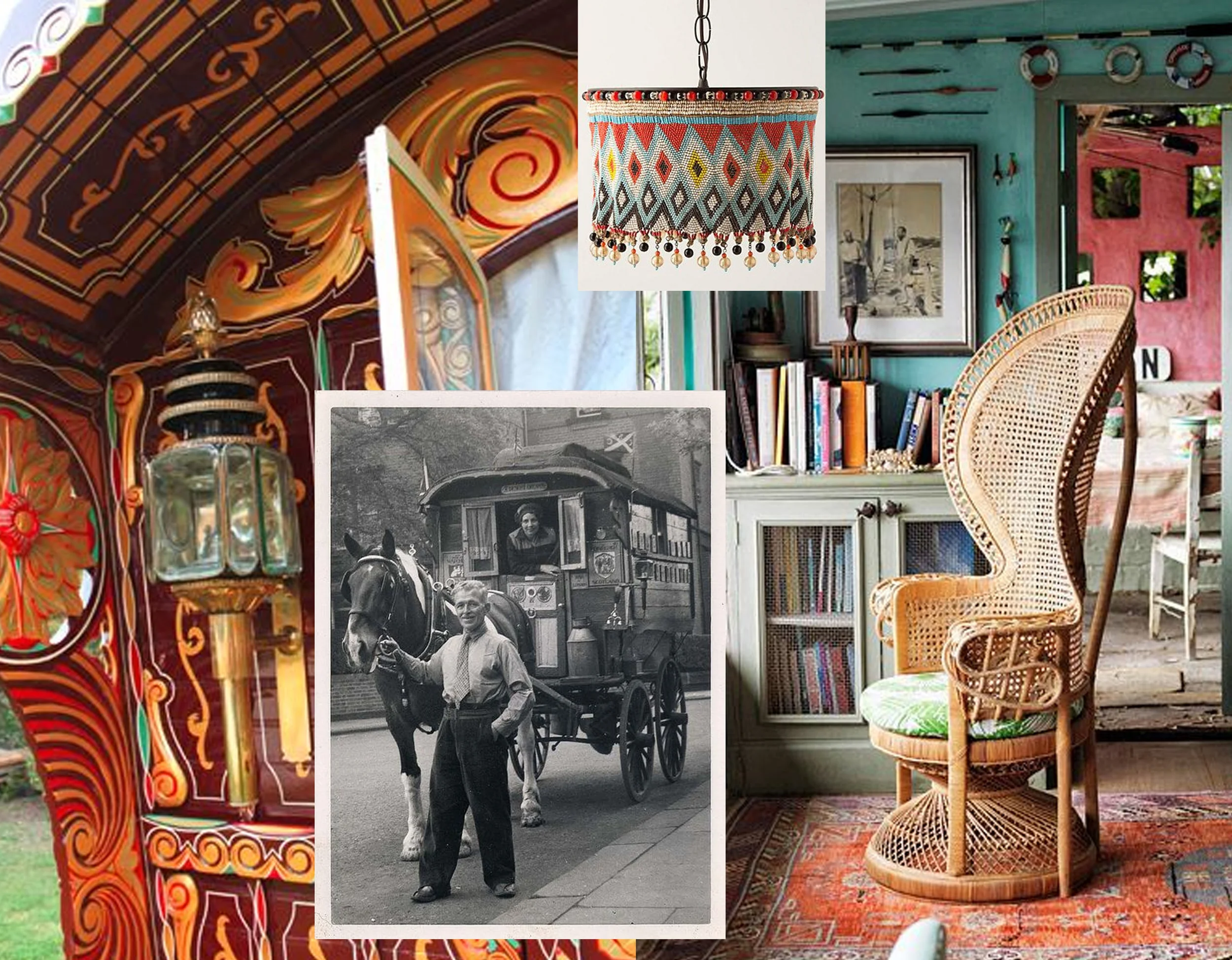 detail wagon and archive picture via Pinterest - Kirdi pendant lamp Anthropologie - Bohemian interior via American Bohemianism