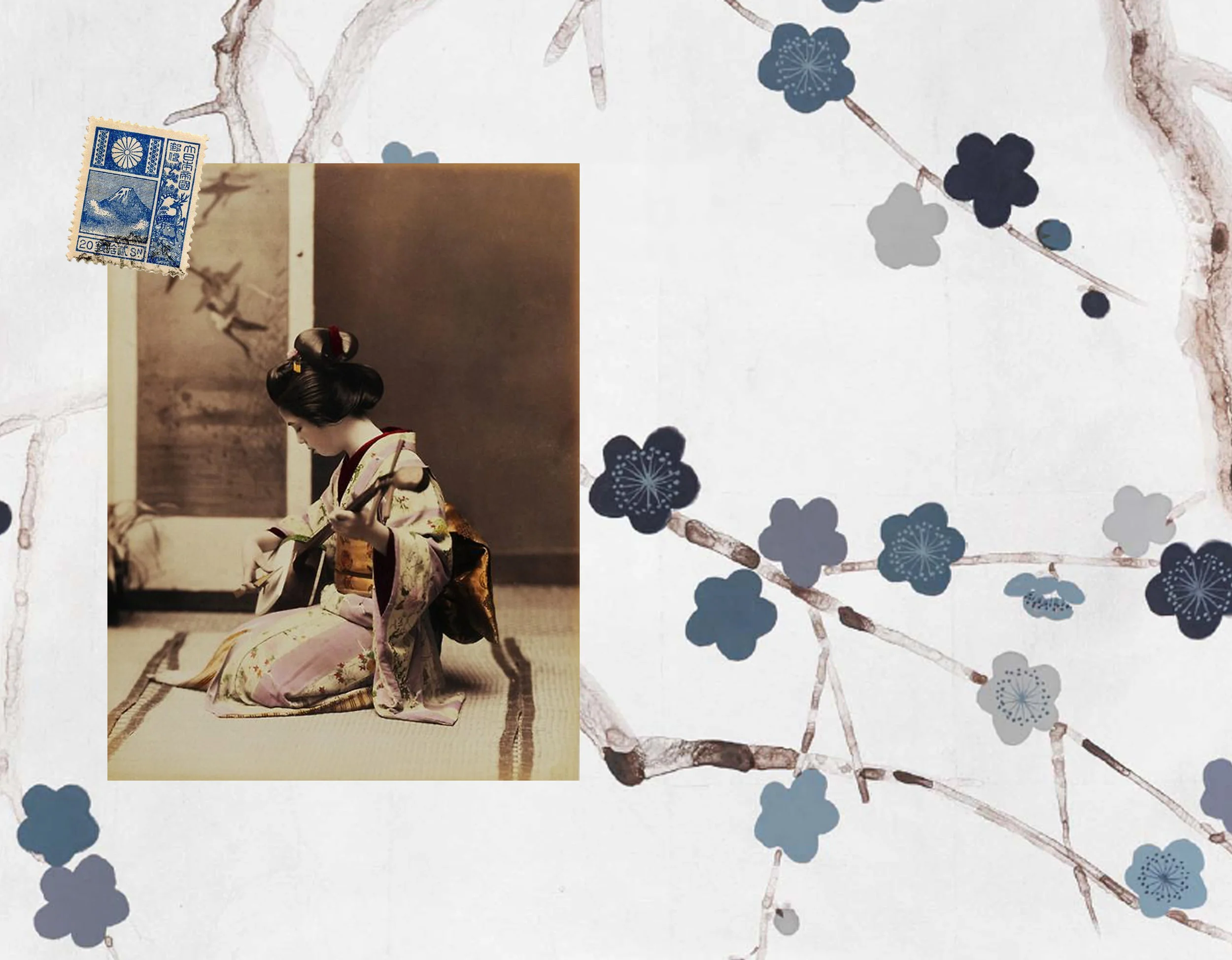 hand painted wallpaper De Gournay - image Geisha via Araknesharem - Japanese stamp via Flickr