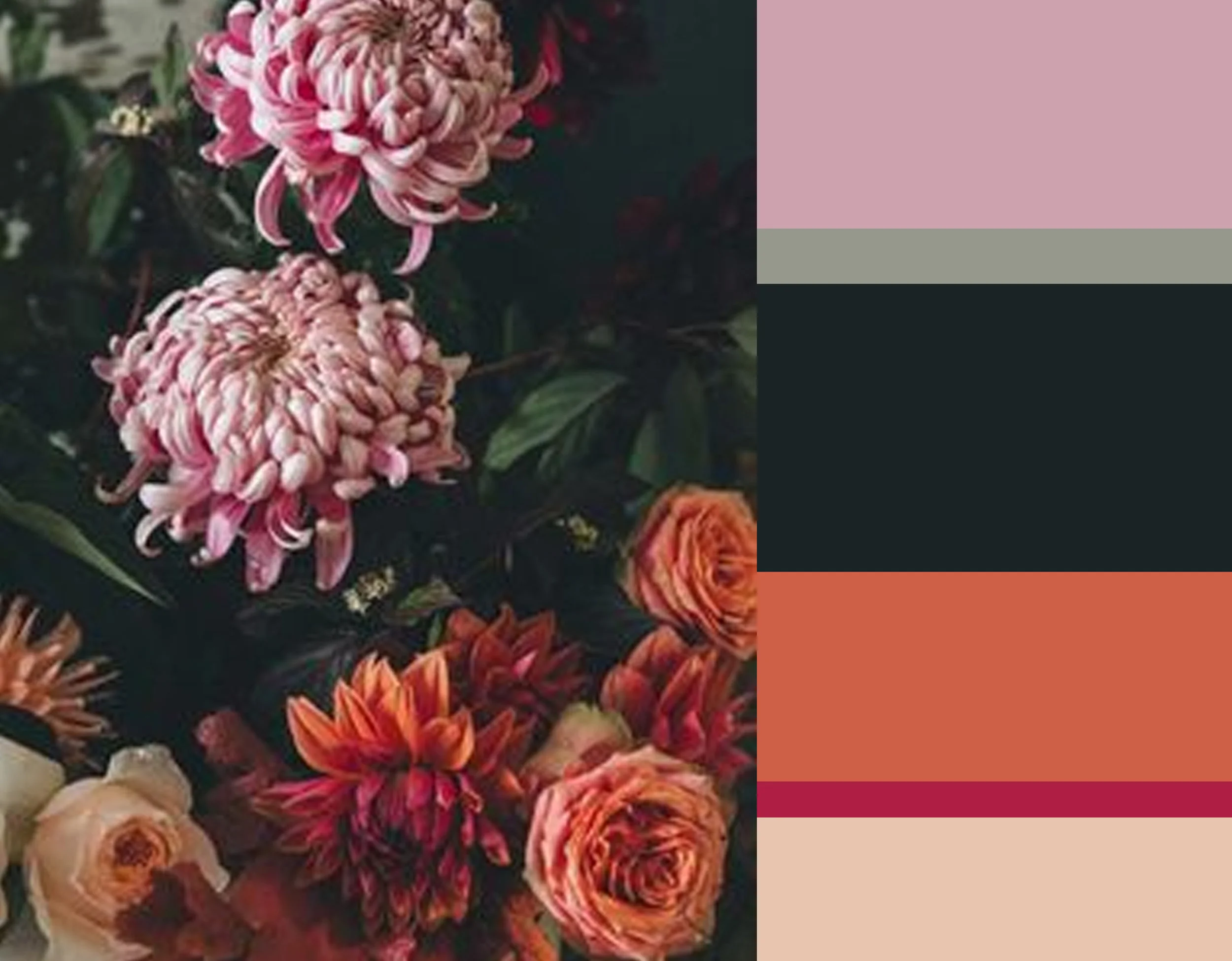 image inspiration via Design Sponge - from top down Benjamin Moore Tara - Sanderson Grey Squirrel - Benjamin Moore Black Forest Green - Benjamin Moore Fresno - Benjamin Moore Blushing red - Emery et Cie Terre Orange + Blanc