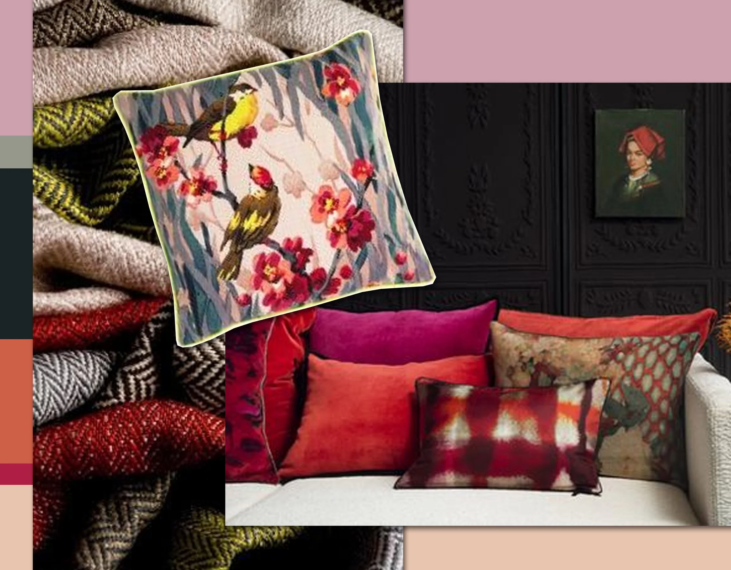 fabrics James Malone - Birdie Blossom cushion The Rugcompany - mix of cushions Elitis