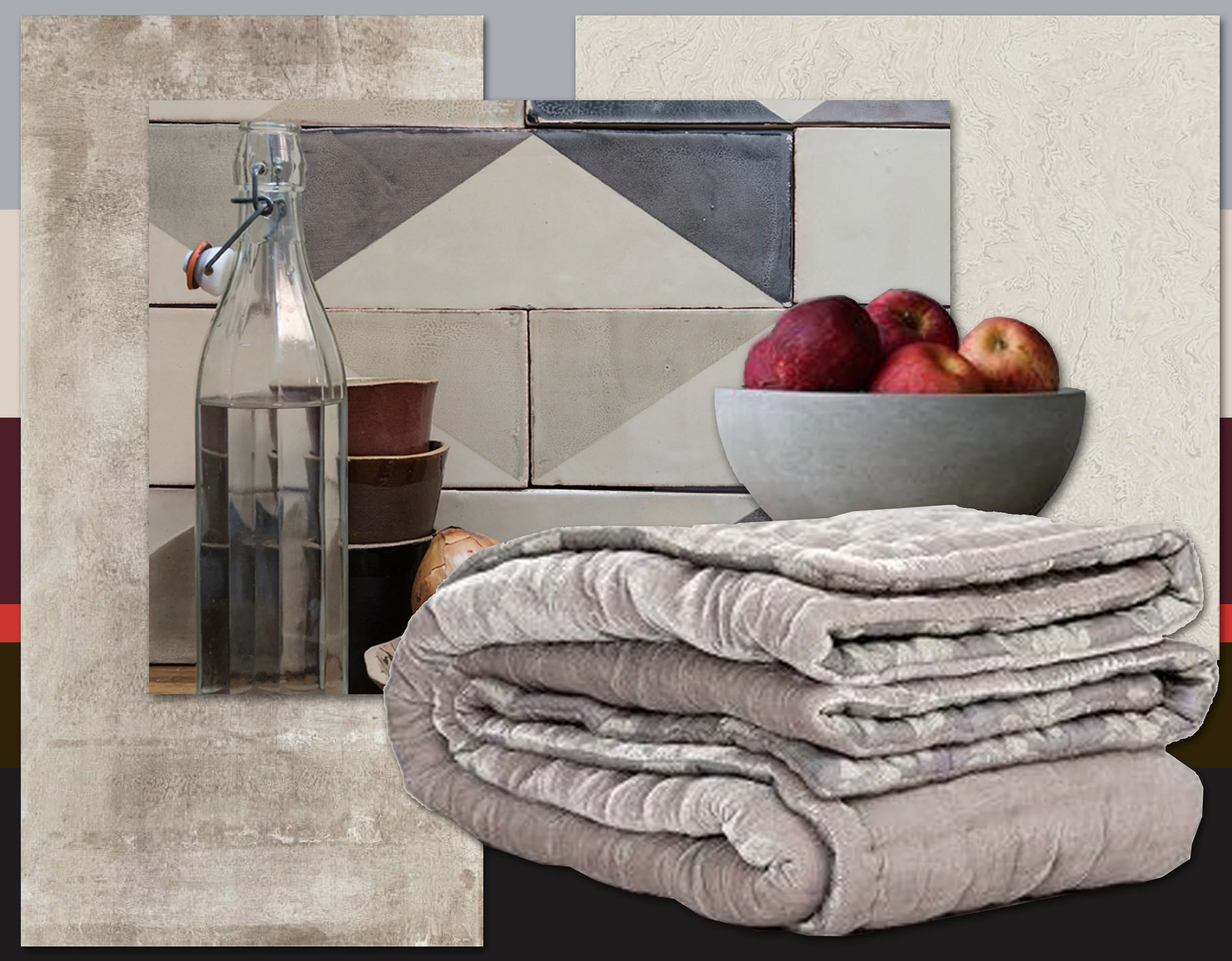 tile Concrete Oregon Tile & Marble - tiles Going Underground Smink Things - wallpaper Suminagashi Zoffany - bedspread grey silk/velvet Fabric Copenhagen - concrete fruit bowl Rough Fusion