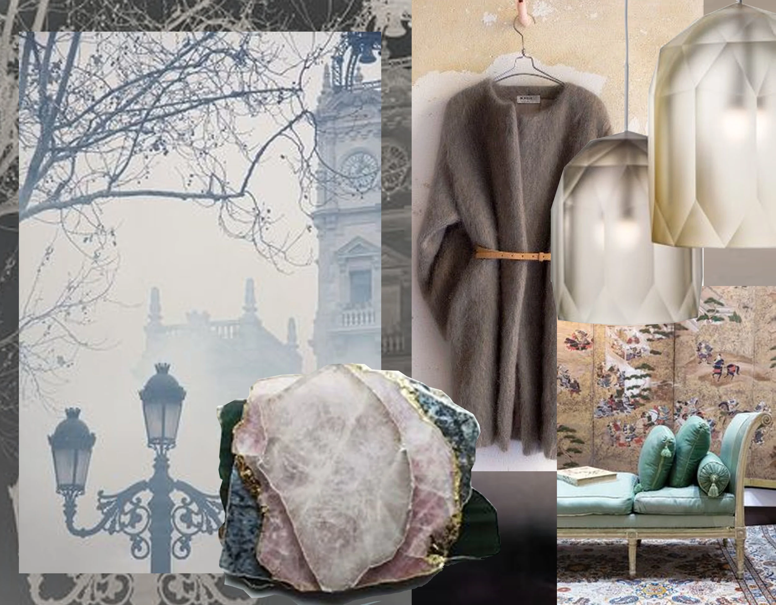 image Foggy London via A Sprinkle of Pretty - stones via The Lane - mohair coat via Millay Vintage - Polygons glass pendants via Dezeen - interior image via Interior Style Hunters