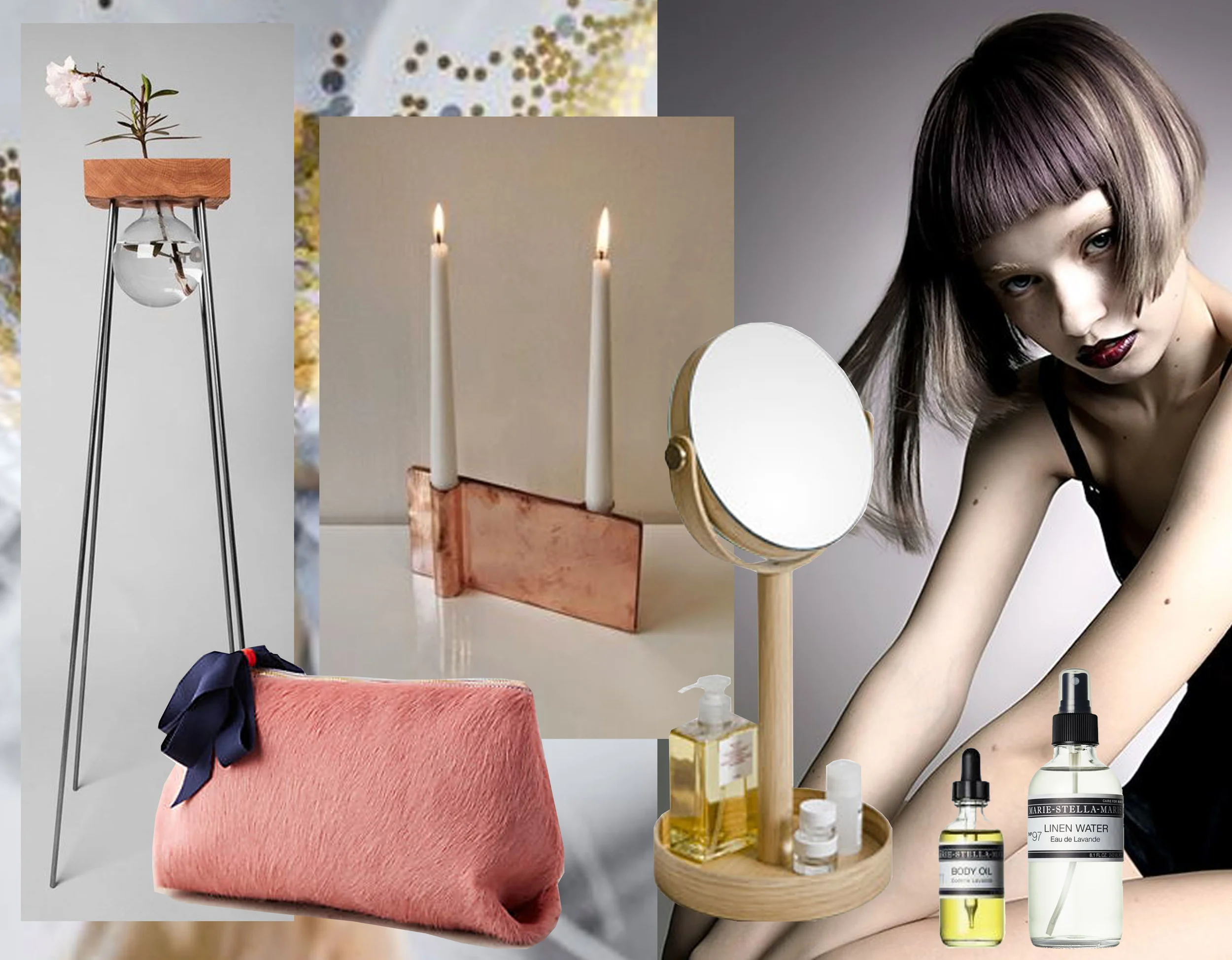 Flower by Adamandsamlove via Artnau - Folio candle holder Mingardo - calf hair pouch Anthroplogie - Close Up Mirror Wireworks - picture of woman via Kamo Kansai - beauty products Marie-Stella-Maris