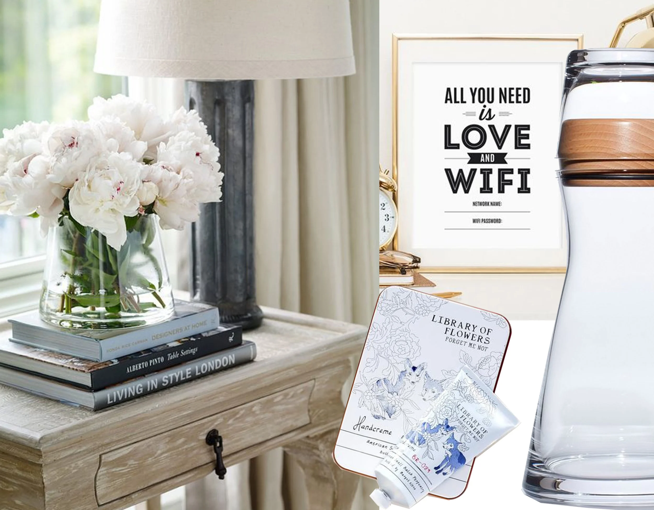 flowers on nightstand via Sheerluxe - wifi note via Casa TV - carafe via Sumally - handcreme Library of Flowers