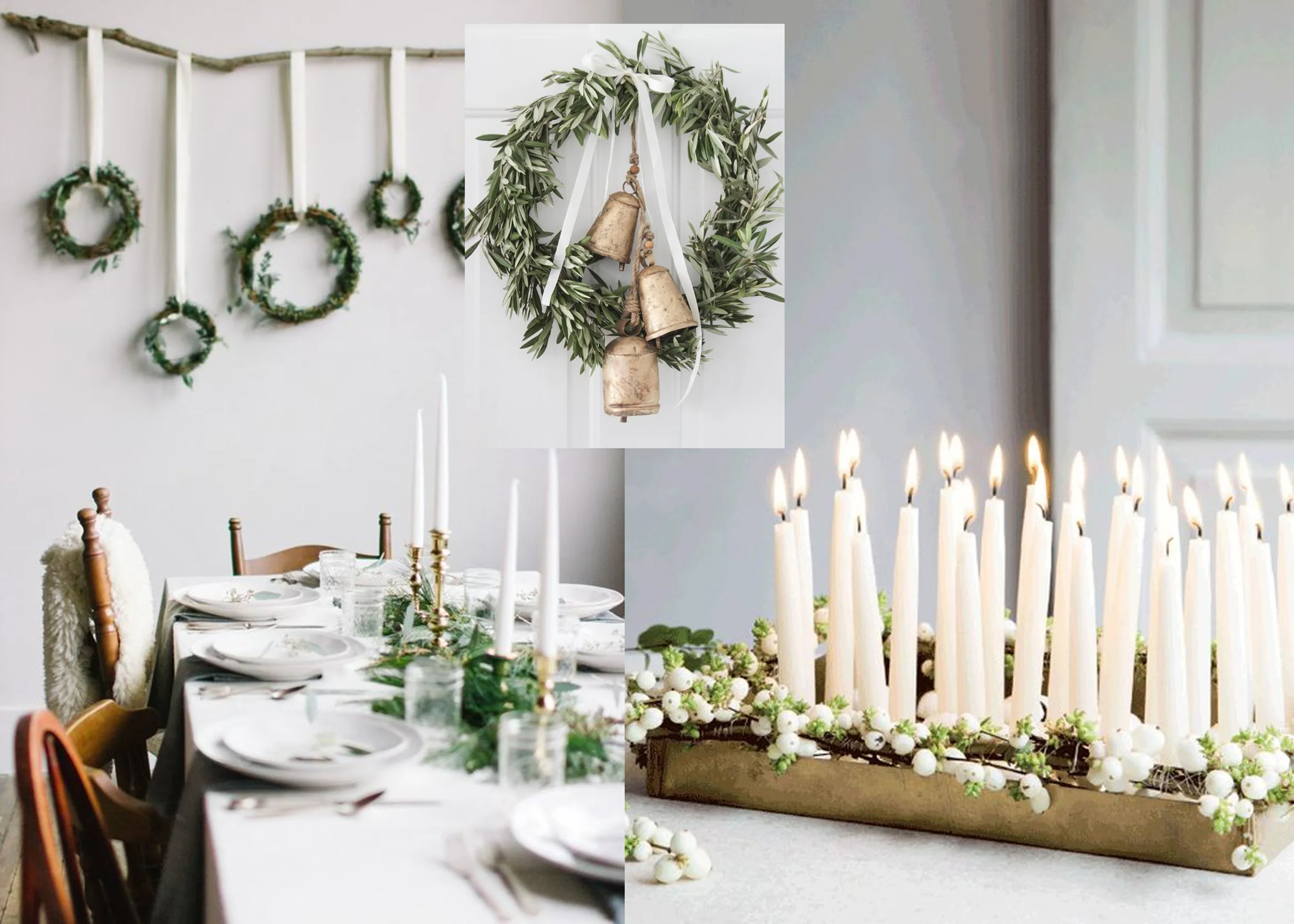 dinner table via Pinterest - wreath with bells via Shades of Blue Interiors - white candles via Femina
