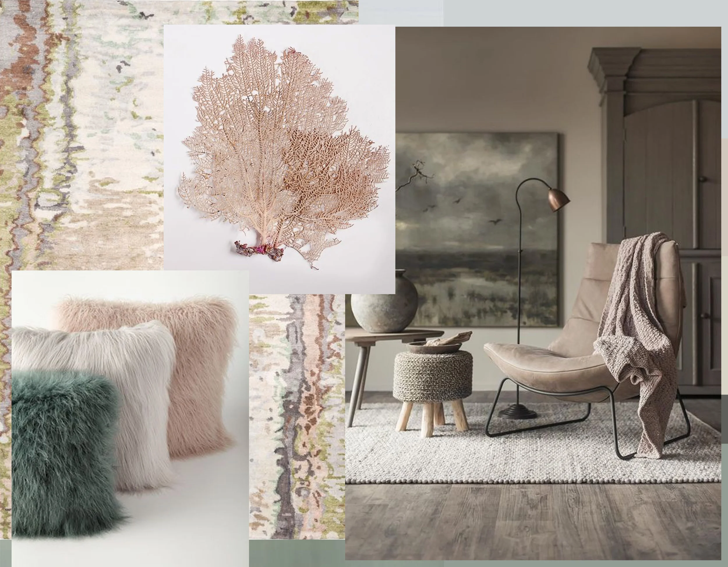 Tidal rug The Rug Company - faux-fur cushions via Dirtbin Design - Collage with Nature - interior image via Woonhuis