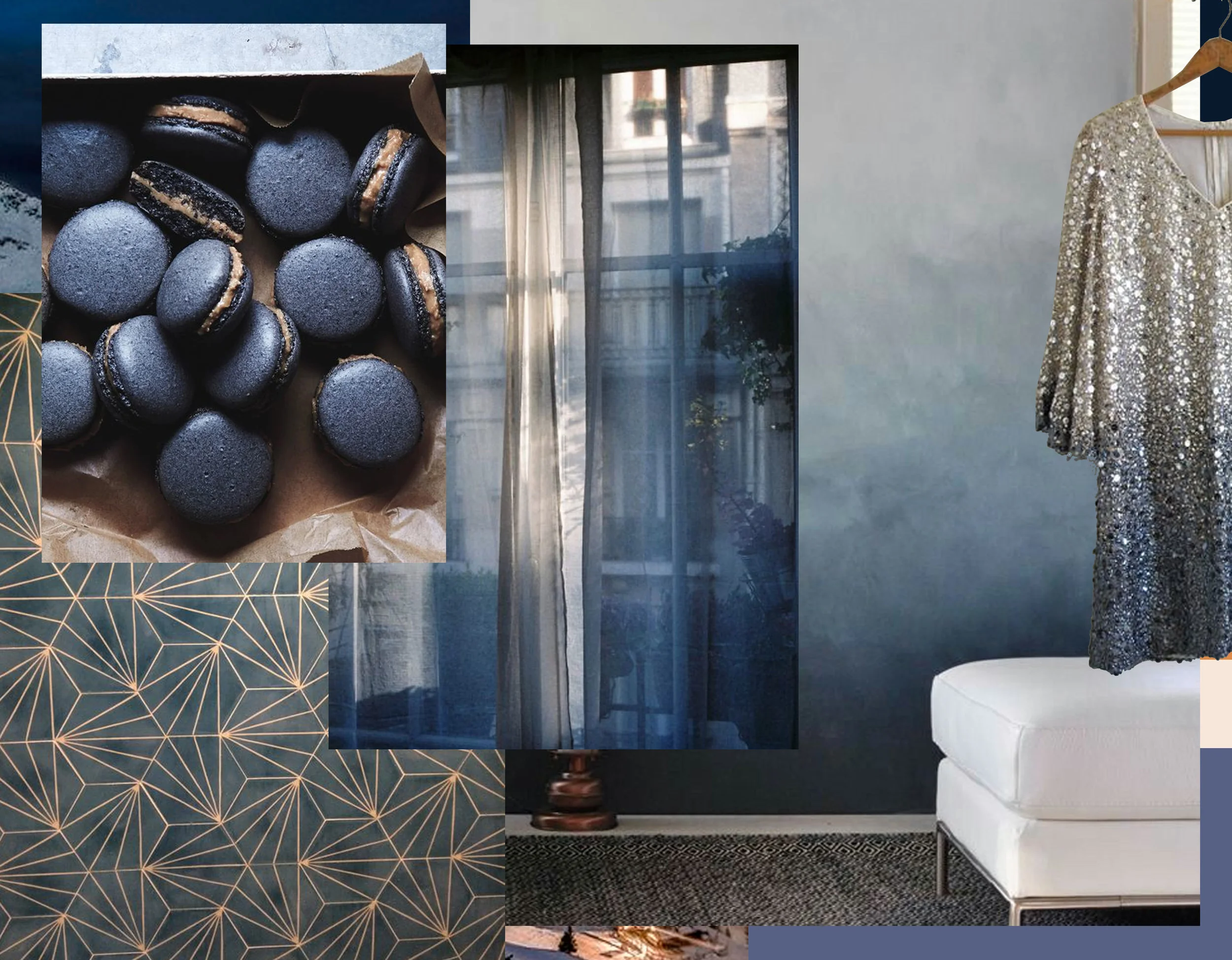 Dandelion ciment tile Marrakech Design - black sesame macarons via The Tart Tart - window image via The Poetry of Material Things - Ombre wall - sequin dress The Elms Vintage
