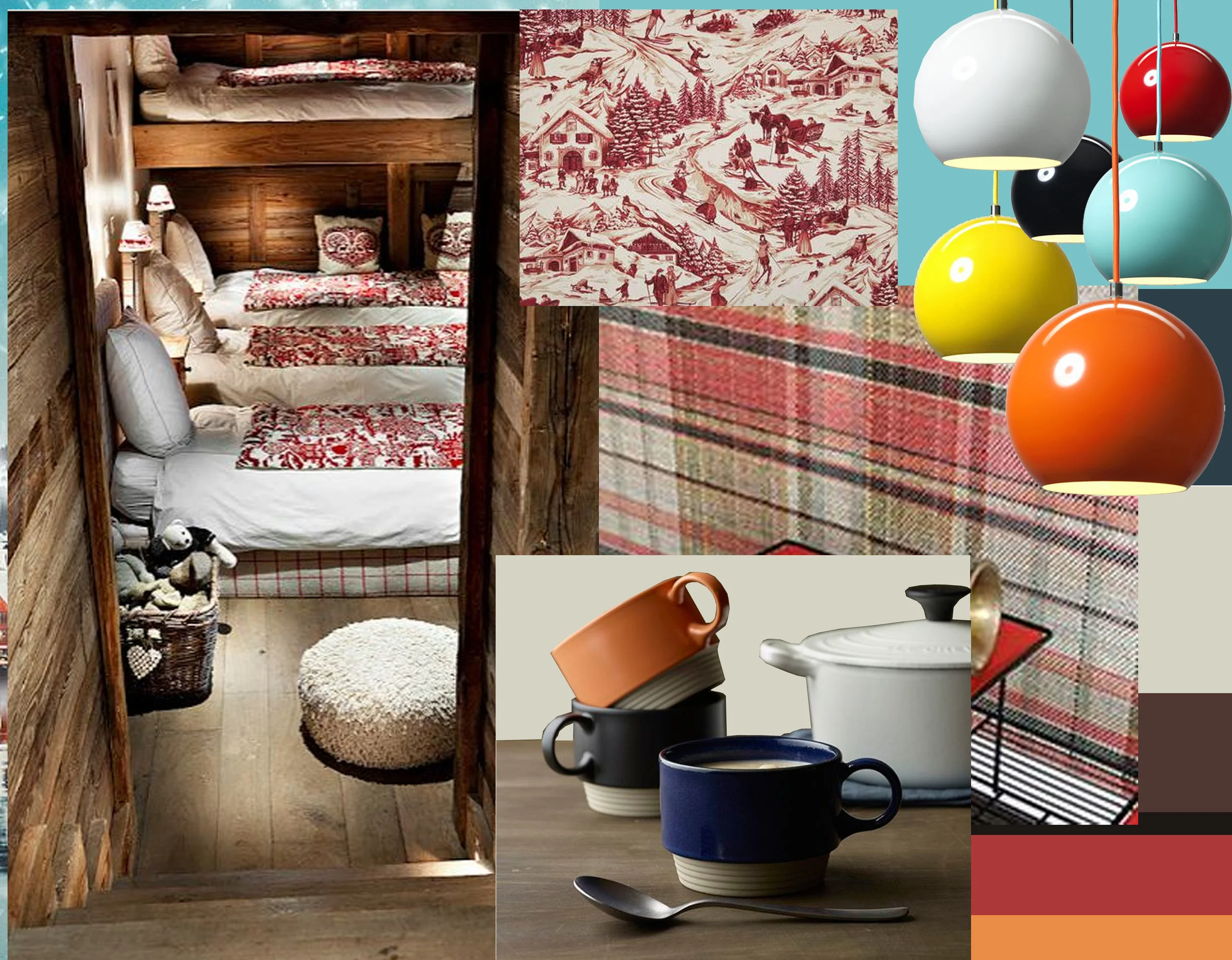 mountain style interior via Art de Vivre - printed cotton Tyrol Pierre Frey - wallpaper Derby Elitis - Mug for All Yamaka via Maison & Obje t - Tapan pendant lamp Verner Pantone via The Designerpad