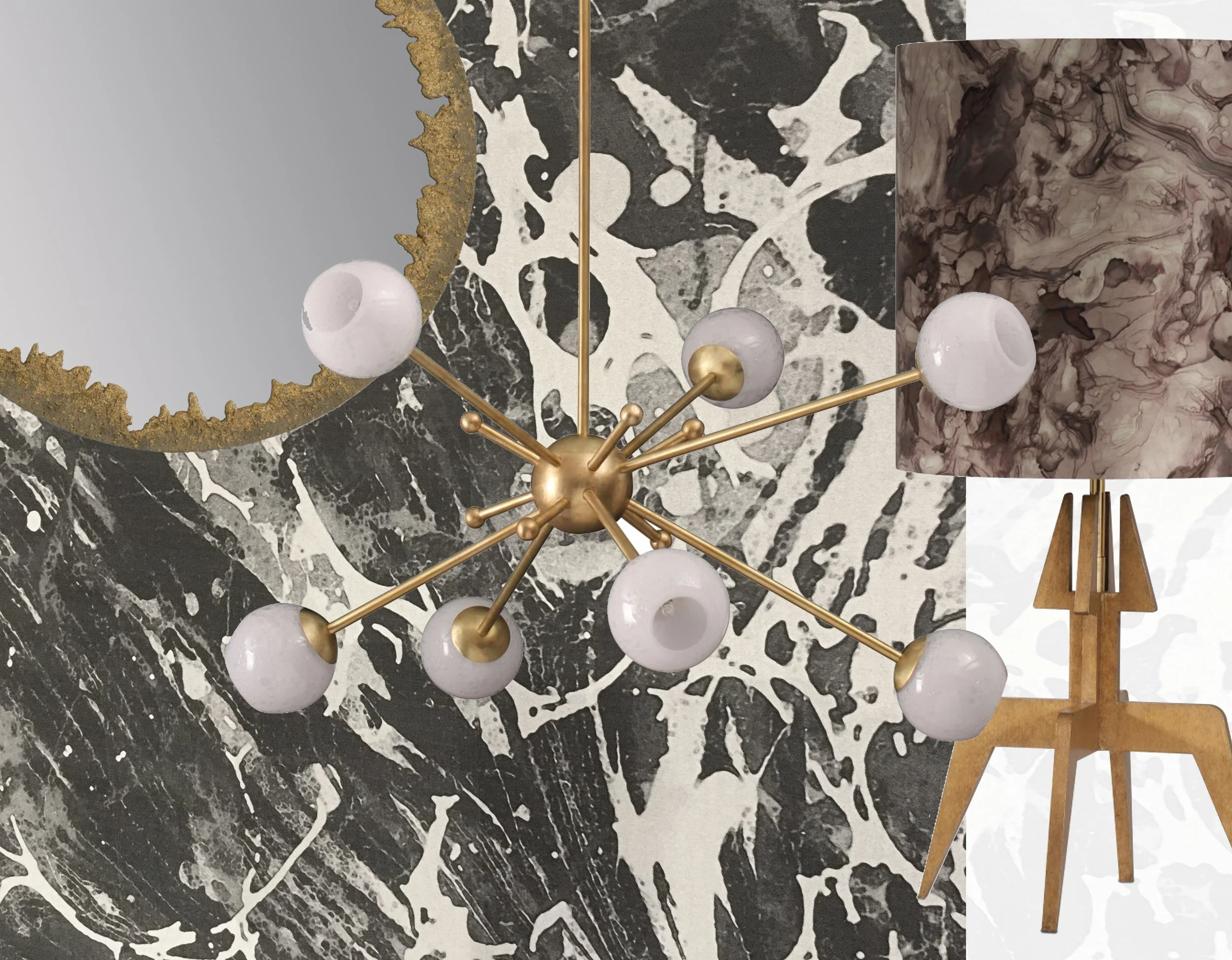 wallpaper London Art - Crater mirror Porta Romana - Orbit 2 chandelier Porta Romana - Rocket lamp Porta Romana