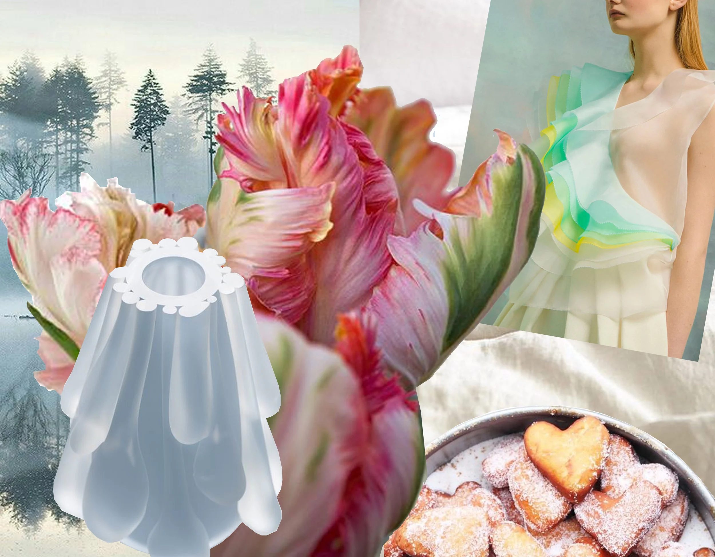 foggy lake via Petit Cabinet de Curiosites - vase SkLO Studio via Archiproducts - paroot tulips via Elly Prestegård - fashion image Resort collection 2017 Delpozo - heart bicuits via And All Shall Be Well