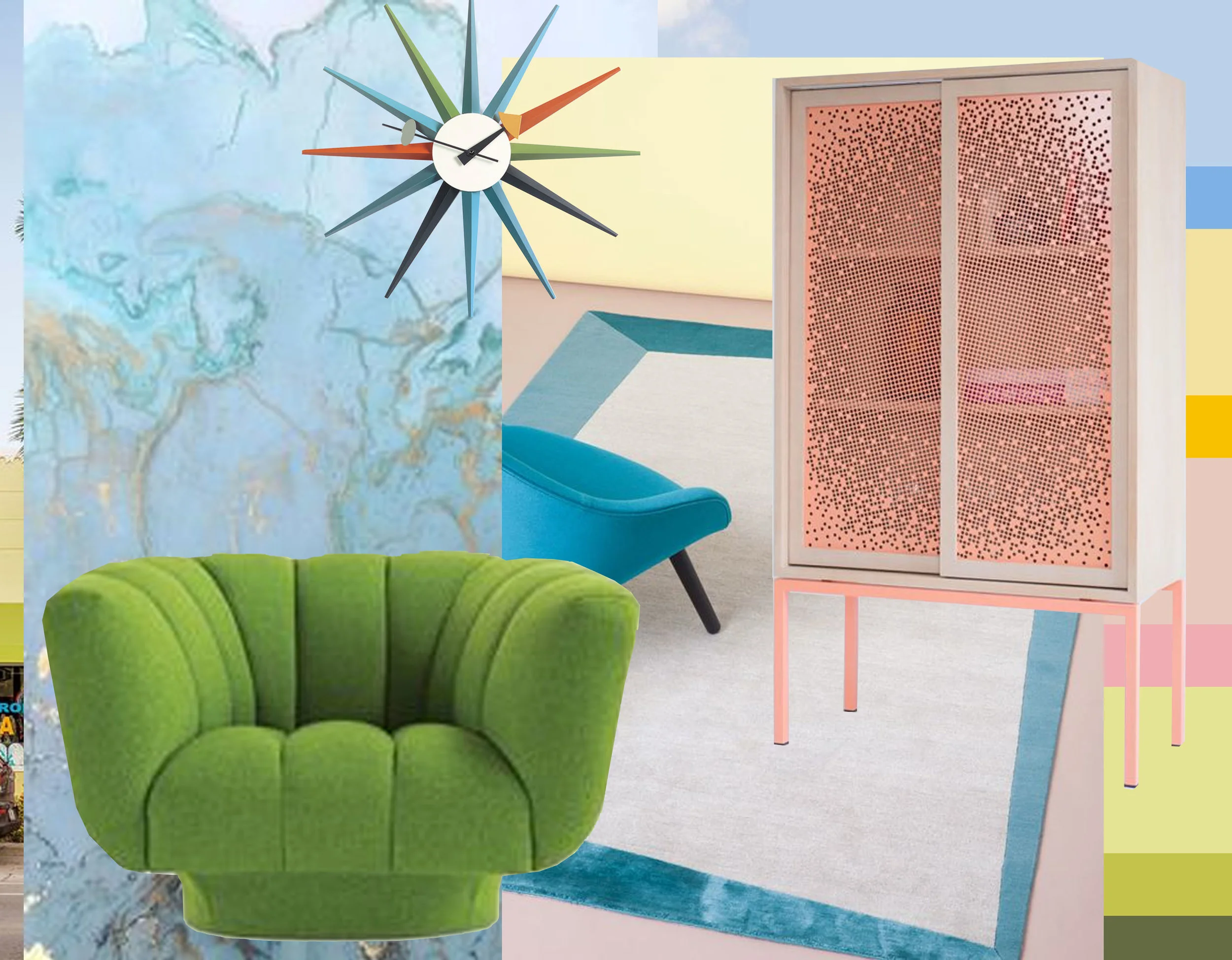 blue + gold art image via Zsa Zsa by Design - green armchair Roche Bobois via Interior Design -CC Tapis via Artnau - Mashrabeya cabinet via Design Milk - Vitra Sunburst wall clock