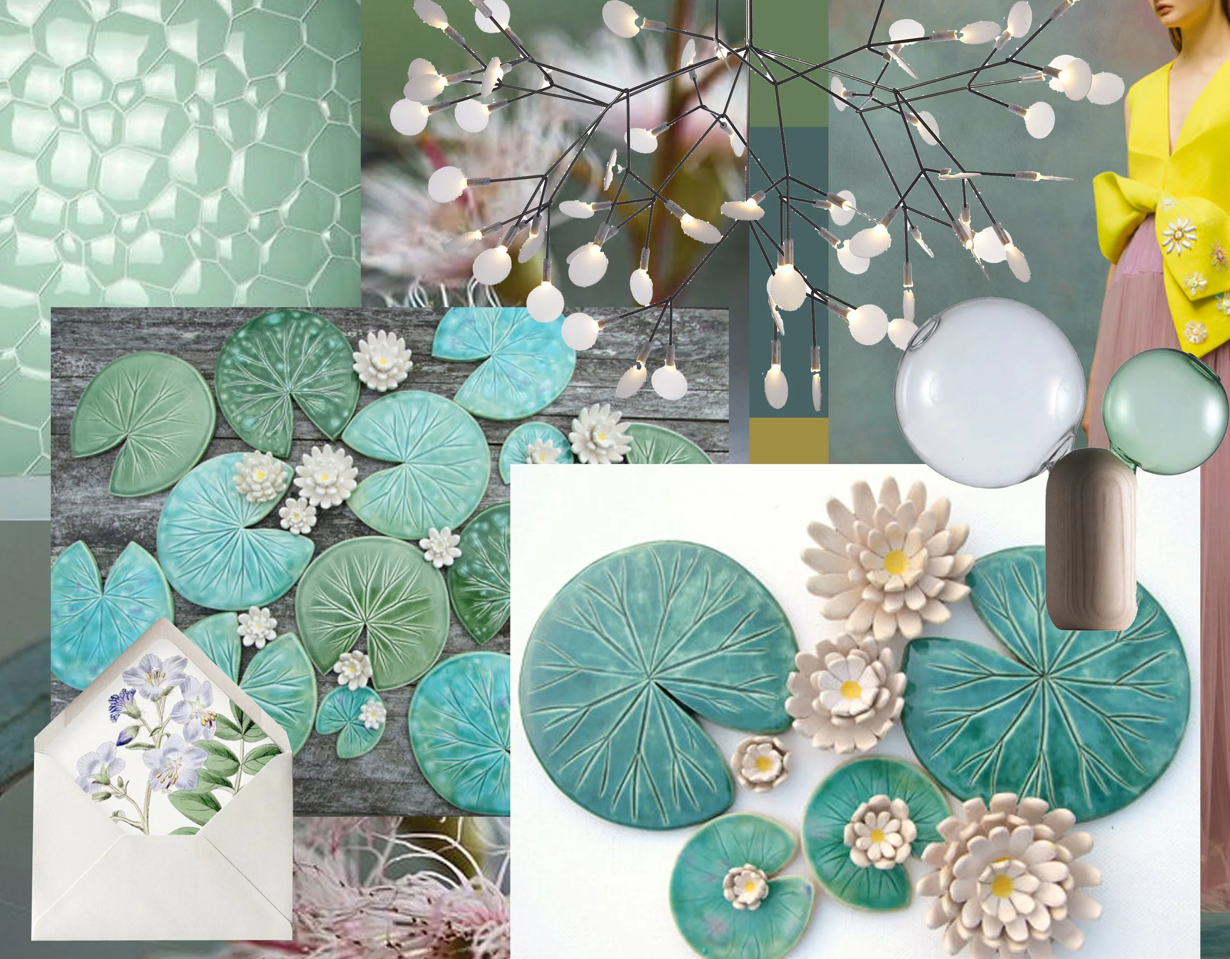 Watercube Tile via West Side Tiles - Heracleum hanging lamp Moooi - Cappellini Crystal Ball vase via Nest - fashion image Delpozzo - envelop Oak and Orchid - Ceramis Damson Tree Pottery