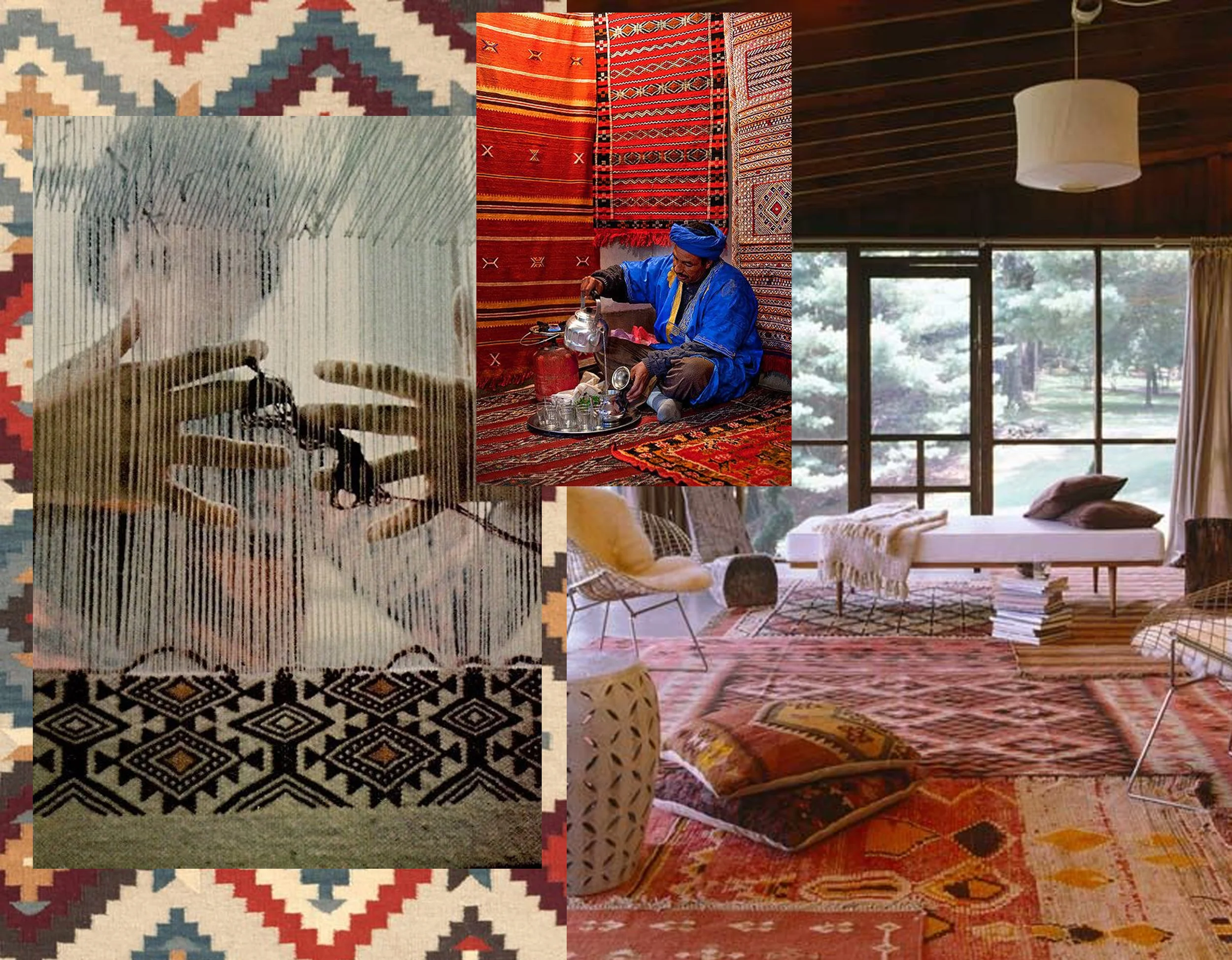 Kilim Annie Selke - kilim weaving via National Geographics - kilim shop via Yes and Yes - interior image via The White Buffalo Styling