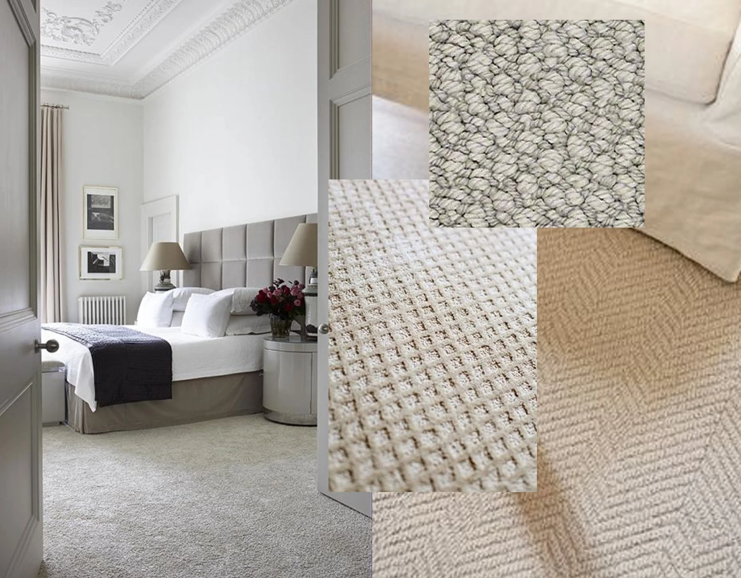 Bedroom image via Harpers Bazaar - herringbone carpet via The lettered Cottage - loop carpet sample Shawfloors 