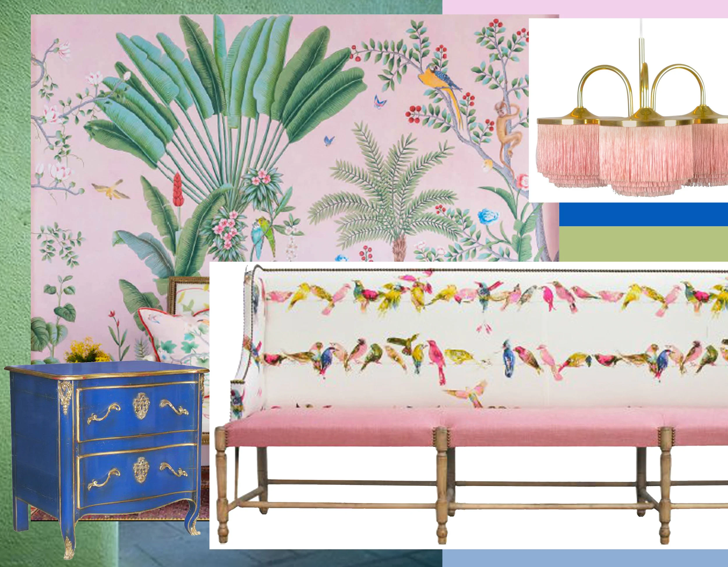hand painted wallpaper De Gournay - chest of drawers Moissonnier - banchetta Moissonnier - vintage lamo Hans-Agne Jakobsson via 1stdibs