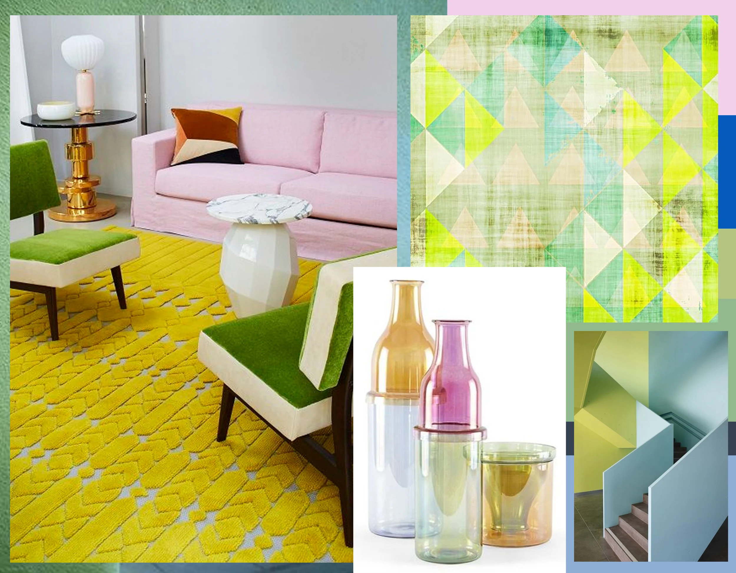 interior via Wallpaper - vases via Crowdy House - staircase via Archdaily - art print via AmyLighthall
