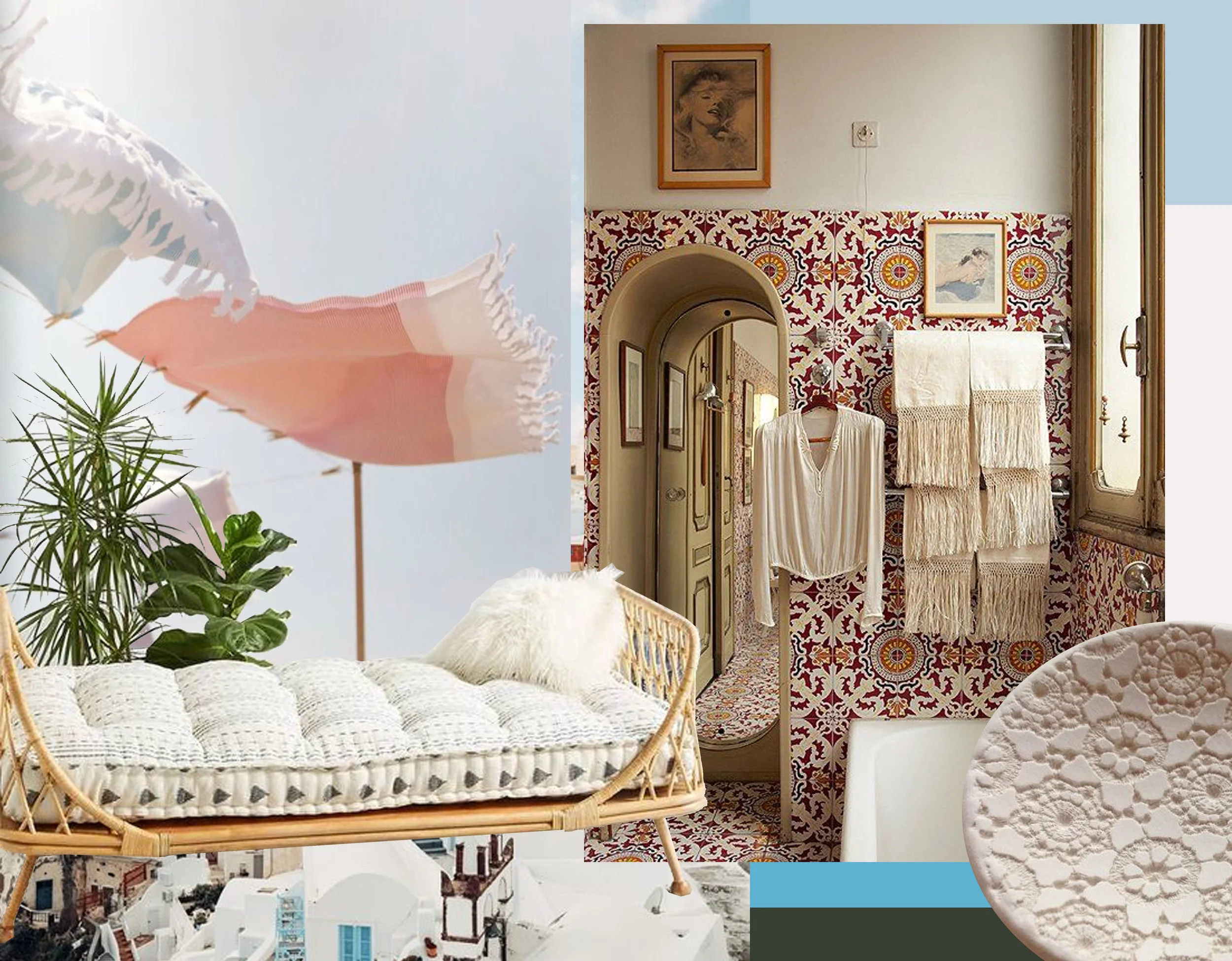 beach image via This is Glamorous - rattan day bed via Domino - bathroom via One Kings Lane