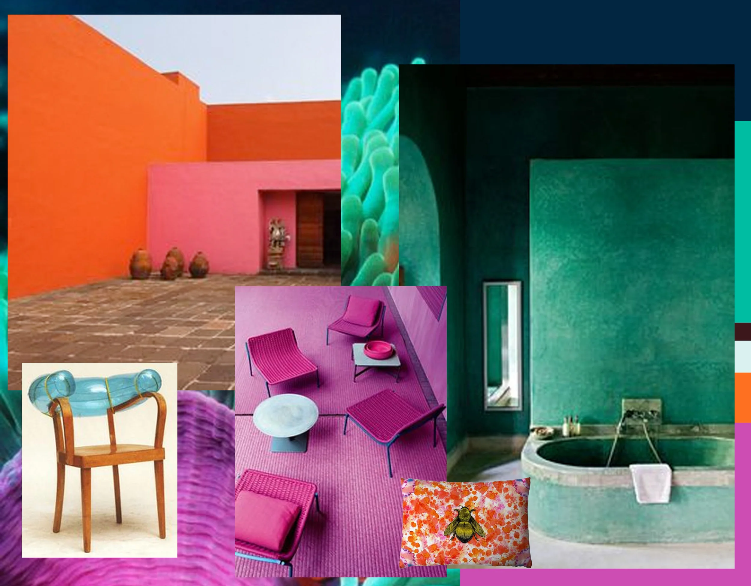 entrance of Luis Baragan's Casa Prieto Lopez via the Citizenry - chair 100 chairs in 100 days by Martino Gamper via Still Collection - outdoor chairs Paolo Lenti - cushion Timorous Beasties - image bathroom El Fenn hotel via Trendland