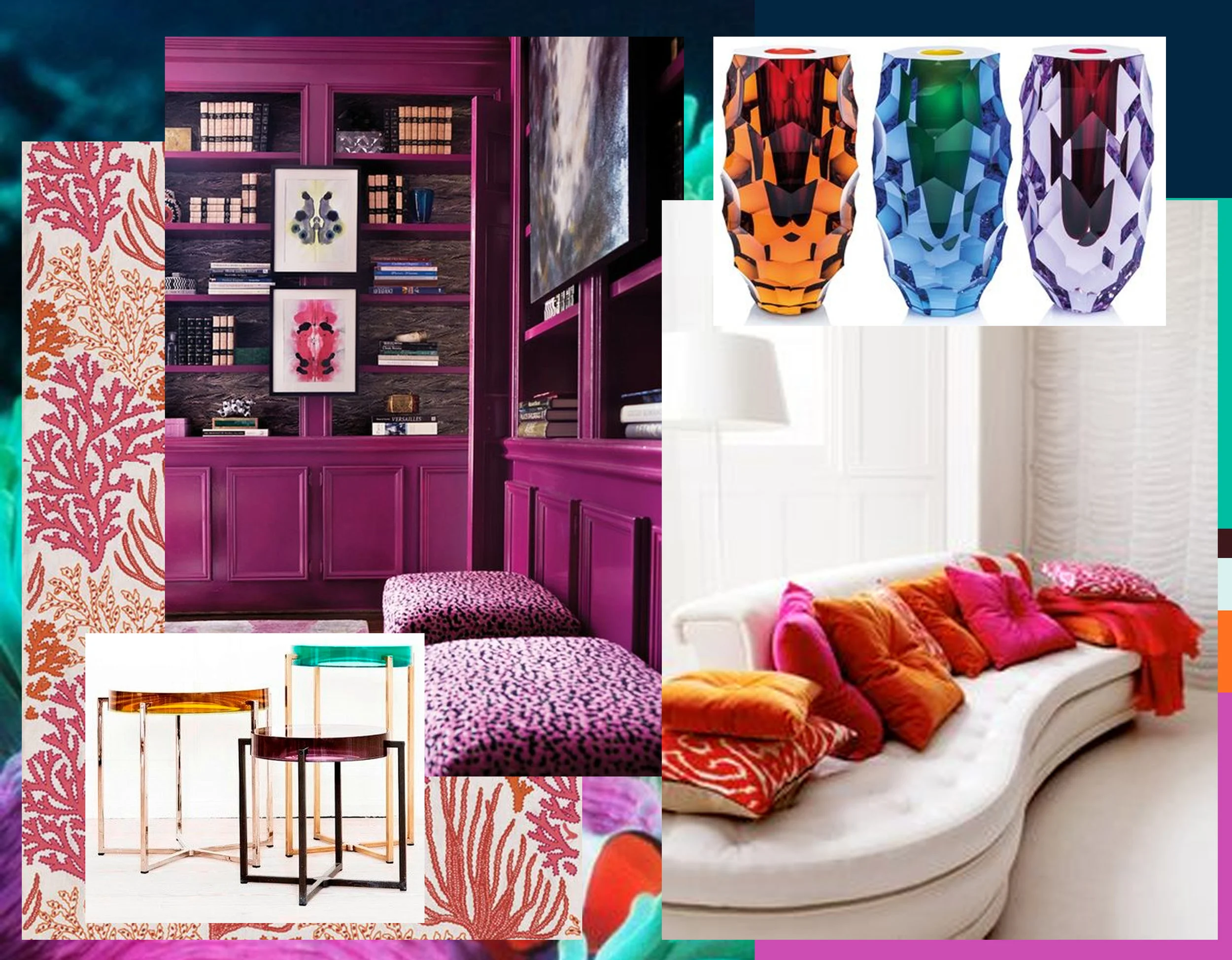 library in fuchsia via House Beautiful - small tables by McCollin Bryan - fabric Tobago of Lorca via Vogue - vases Moser collection via M&O