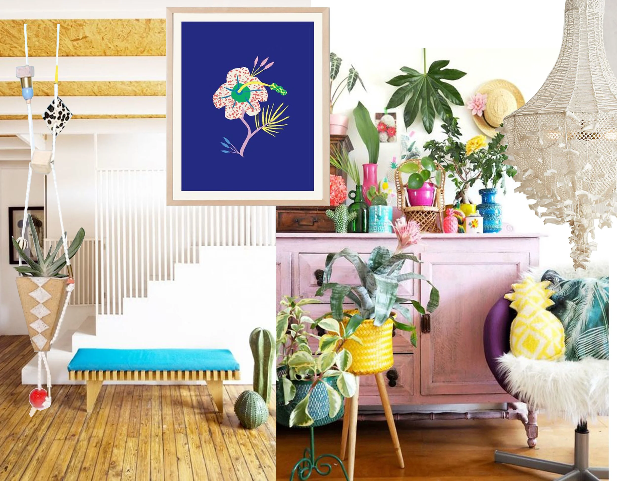  white interior image via My Domaine - living room image via Urban Jungle Bloggers - hand-knitted chandelier Antroplogie - Hibiscus art print Beech Hall - Amarena wall planter Beech Hall