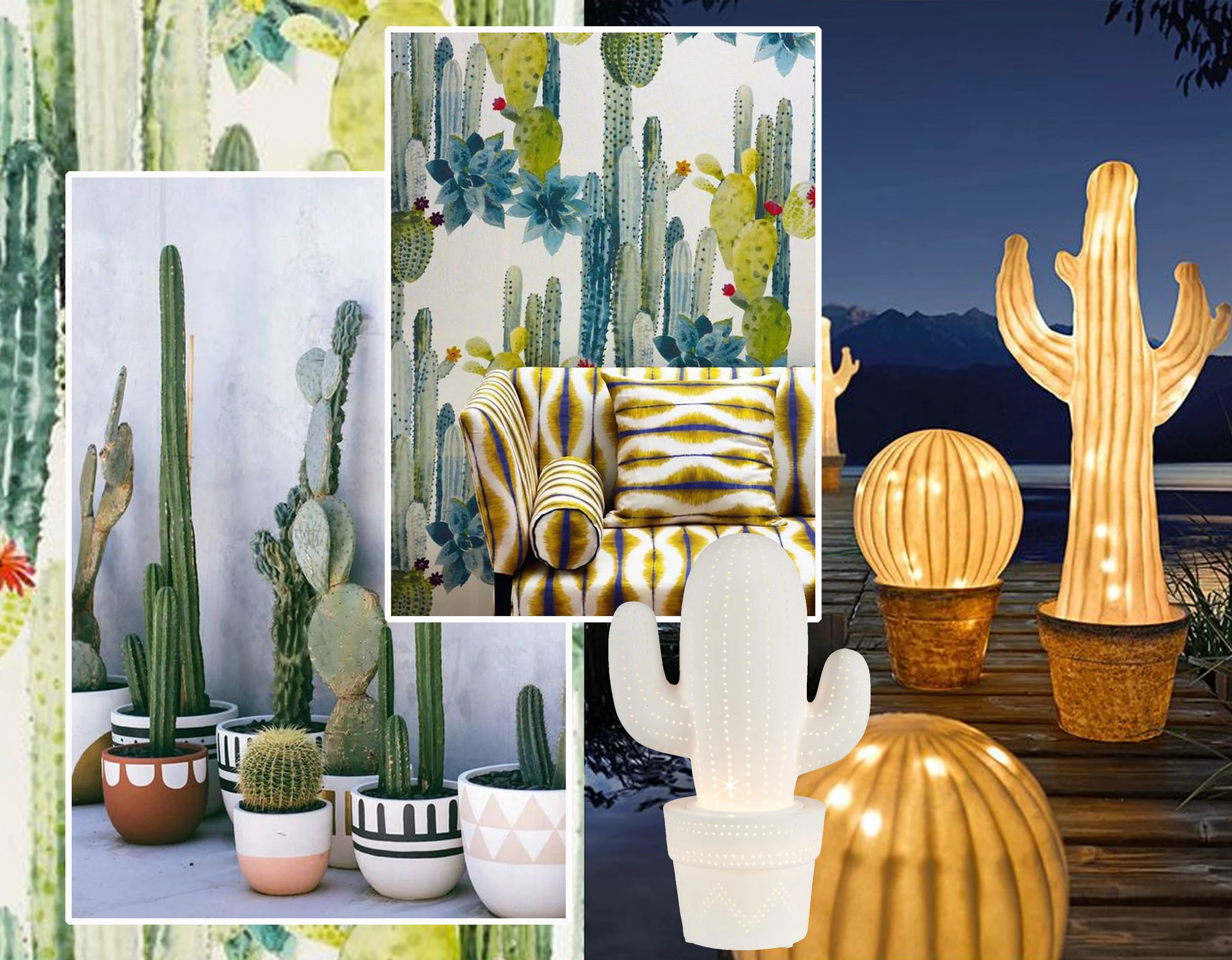 image cactus via Design Love Fest - great combination of wallpaper and fabrics Pierre Frey - cactus lamps via Pinterest