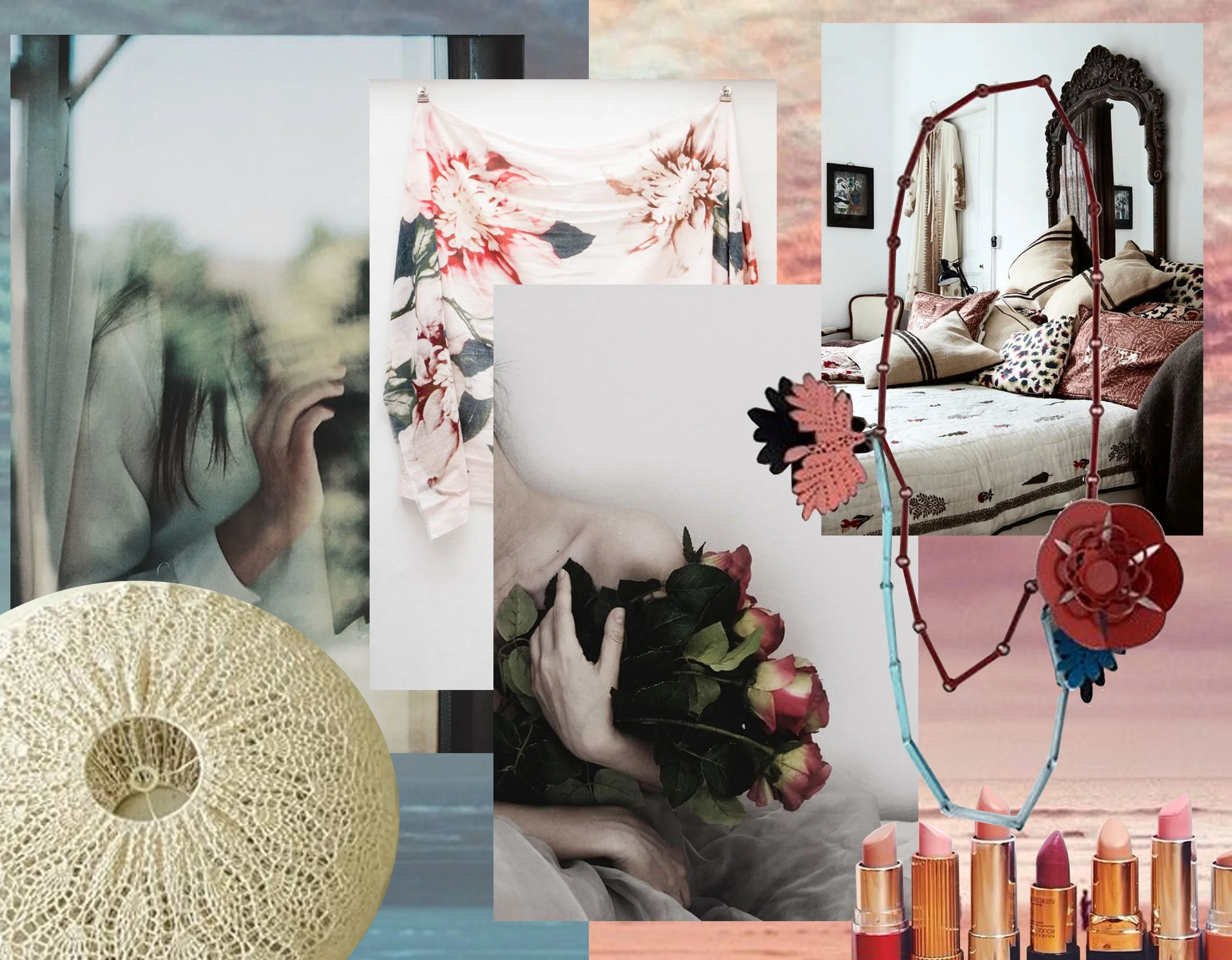 reflections in window via Pinterest - crochet lampshade Pinterest - bleached flowers printed Pinterest - woman with roses via Wishes - bedroom image via Pinterest - neck lace April Wood - lipsticks Pinterest - beach image on background via Respect the Beach