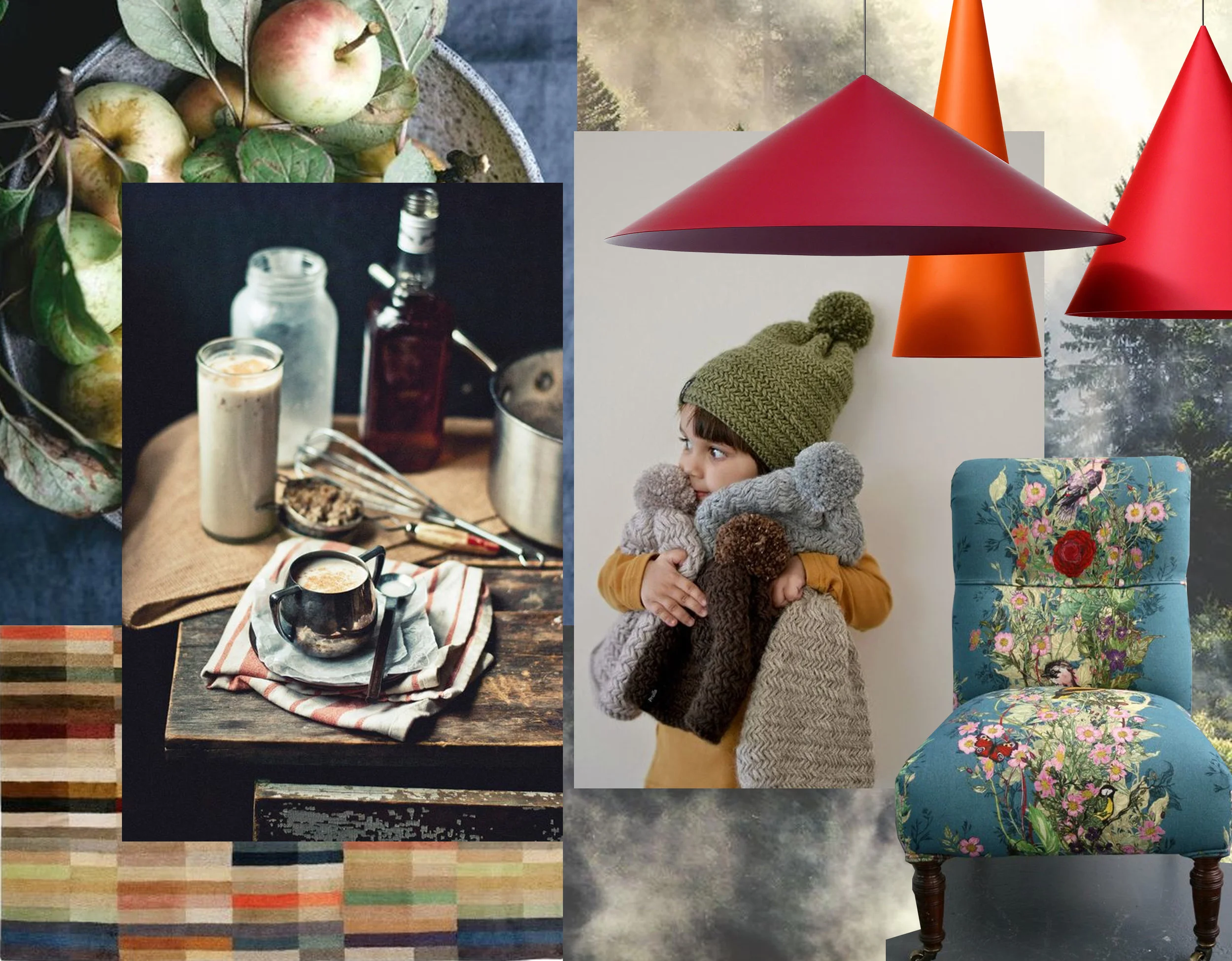 appels via Cannelle Vanille - food photography Kelly Brisson via Great Food Photos - girl with knitted hats Zezuzulla - rug Spectrum The Rugcompany - hanging lamps W151 Claesson Koivisto Rune - armchair Timorous Beasties 