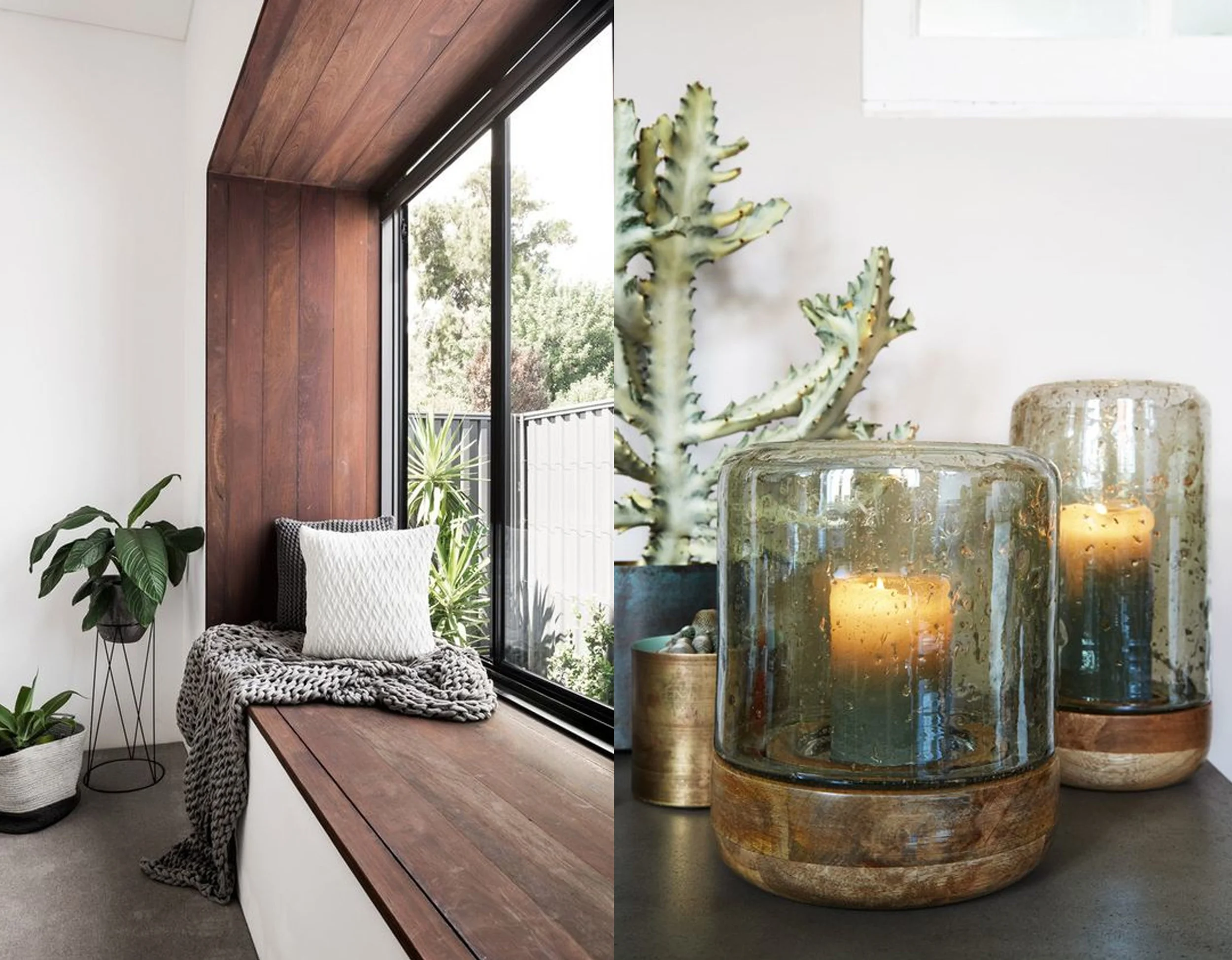 sitting corner via Architecture and Design - handmade hurricane lights via House Beautiful