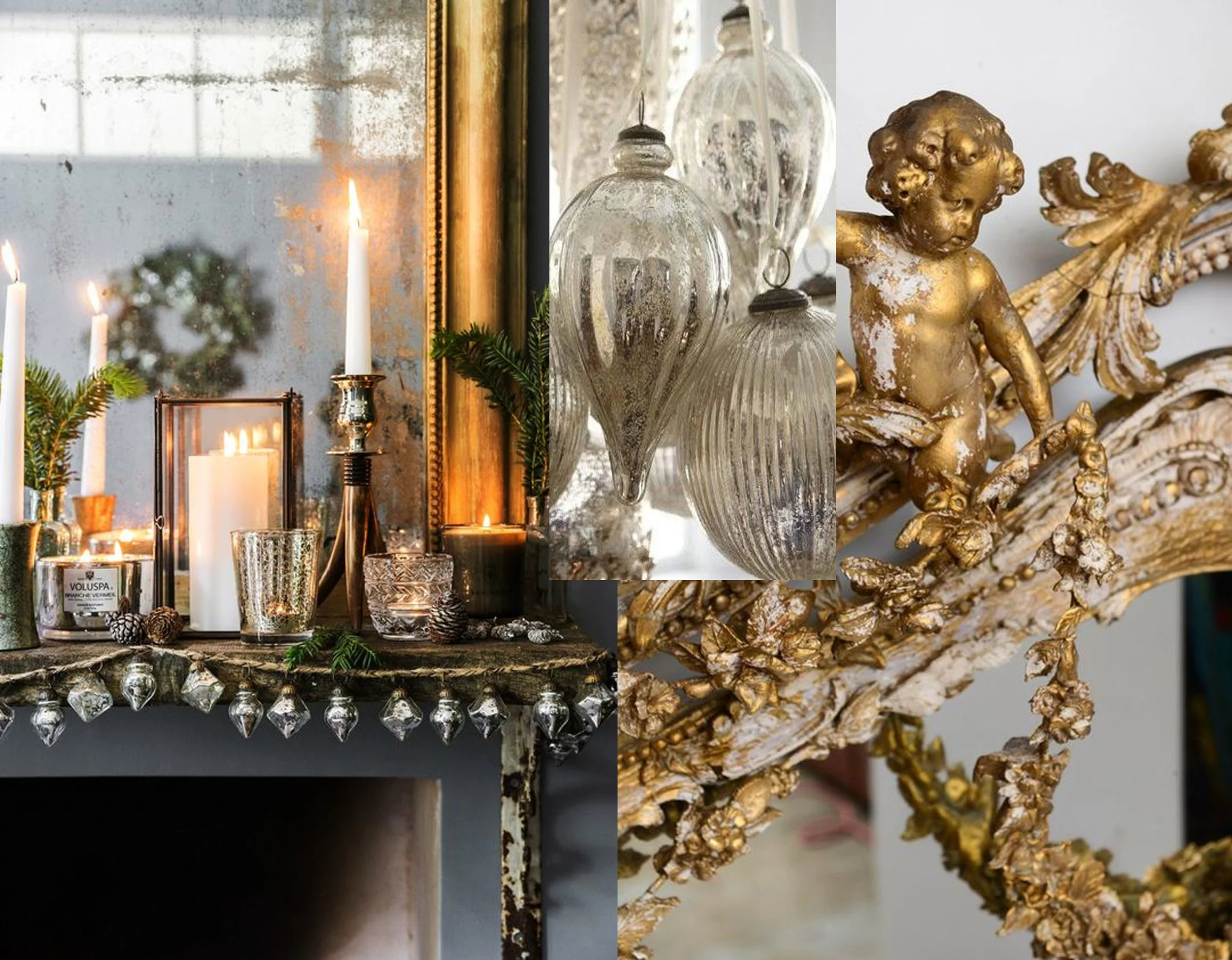 decorated fireplace via Amara - mercury glass ornaments Amazon - ornate gilt mirror via Zsa Zsa Bellagio