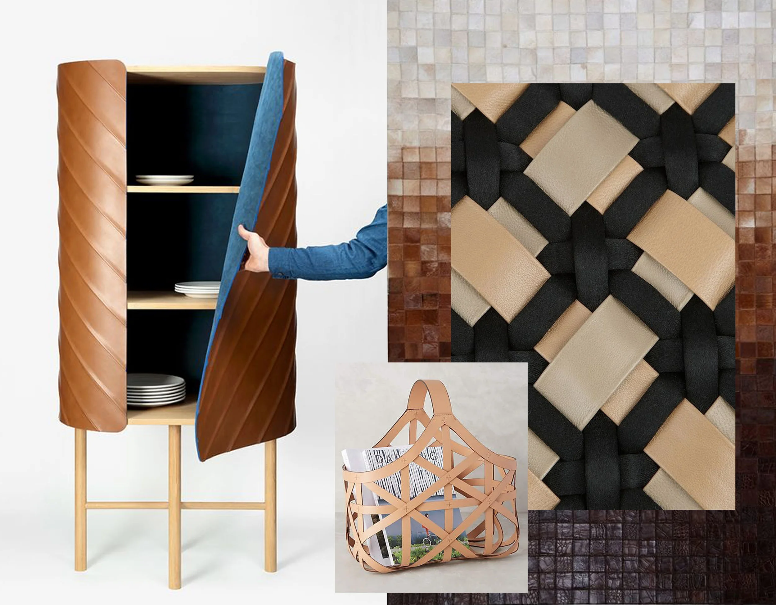 cabinet designer Pierre Charrie in collaboration with Maison Fey via Designboom - leather rug Modern Rugs - woven detail via Exercise de Style- leather panier Anthropologie